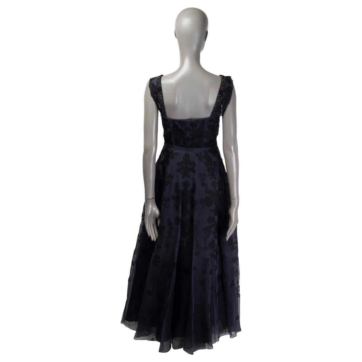Black CHRISTIAN DIOR navy blue silk 2017 EMBROIDERED BELTED EVENING GOWN Dress 38 S