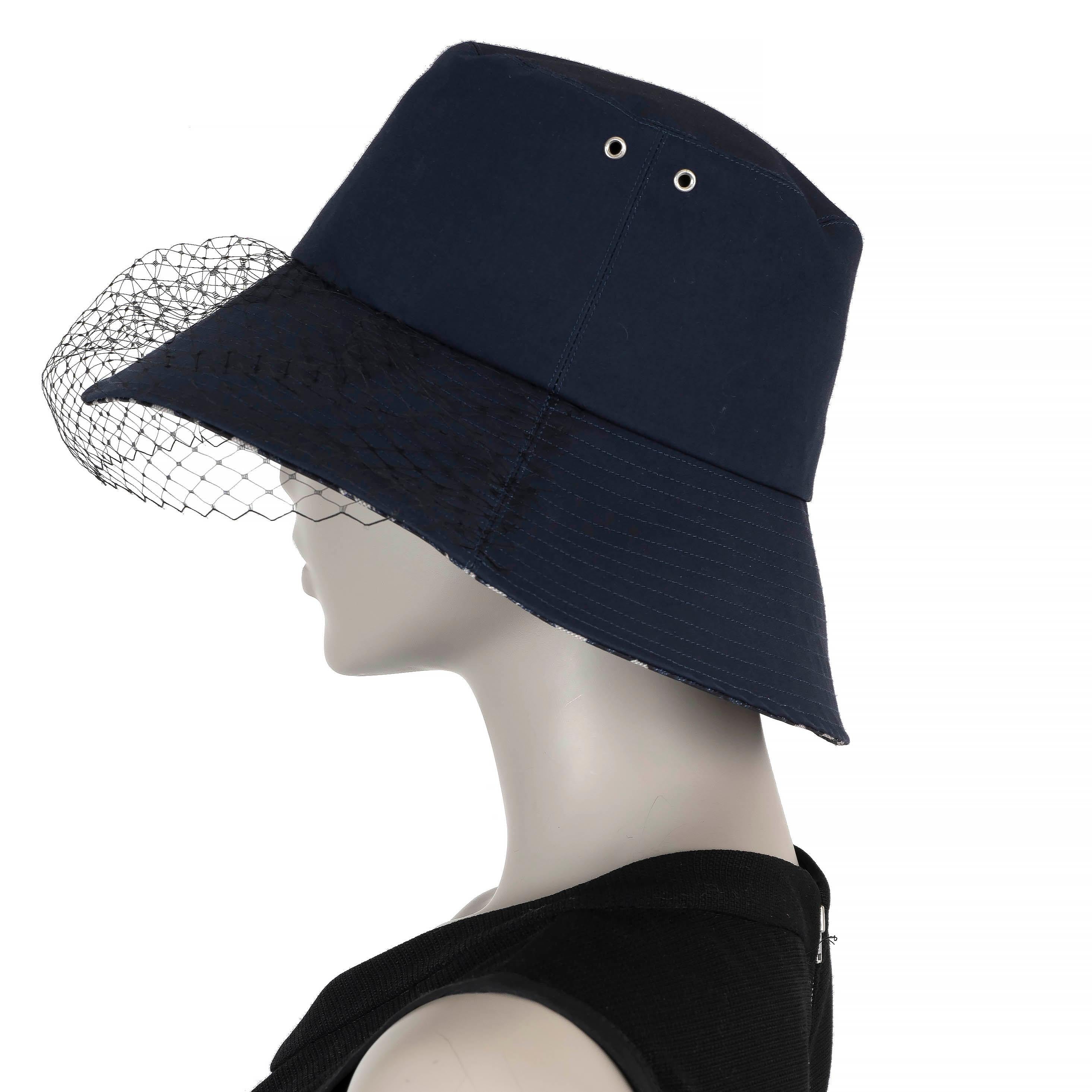 Black CHRISTIAN DIOR navy blue TEDDY-D LARGE BRIM VEIL BUCKET Hat 57 For Sale