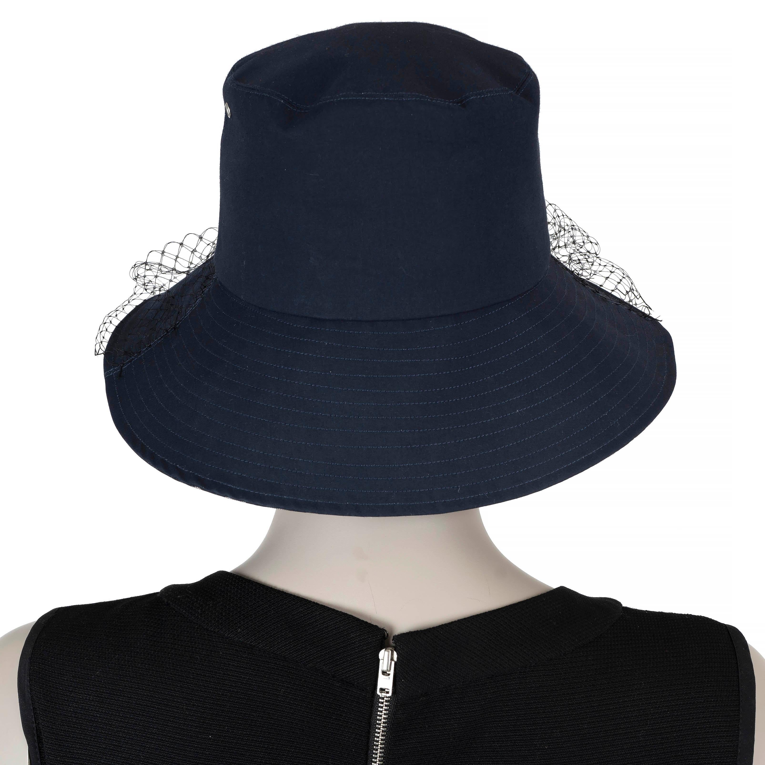 Women's CHRISTIAN DIOR navy blue TEDDY-D LARGE BRIM VEIL BUCKET Hat 57 For Sale