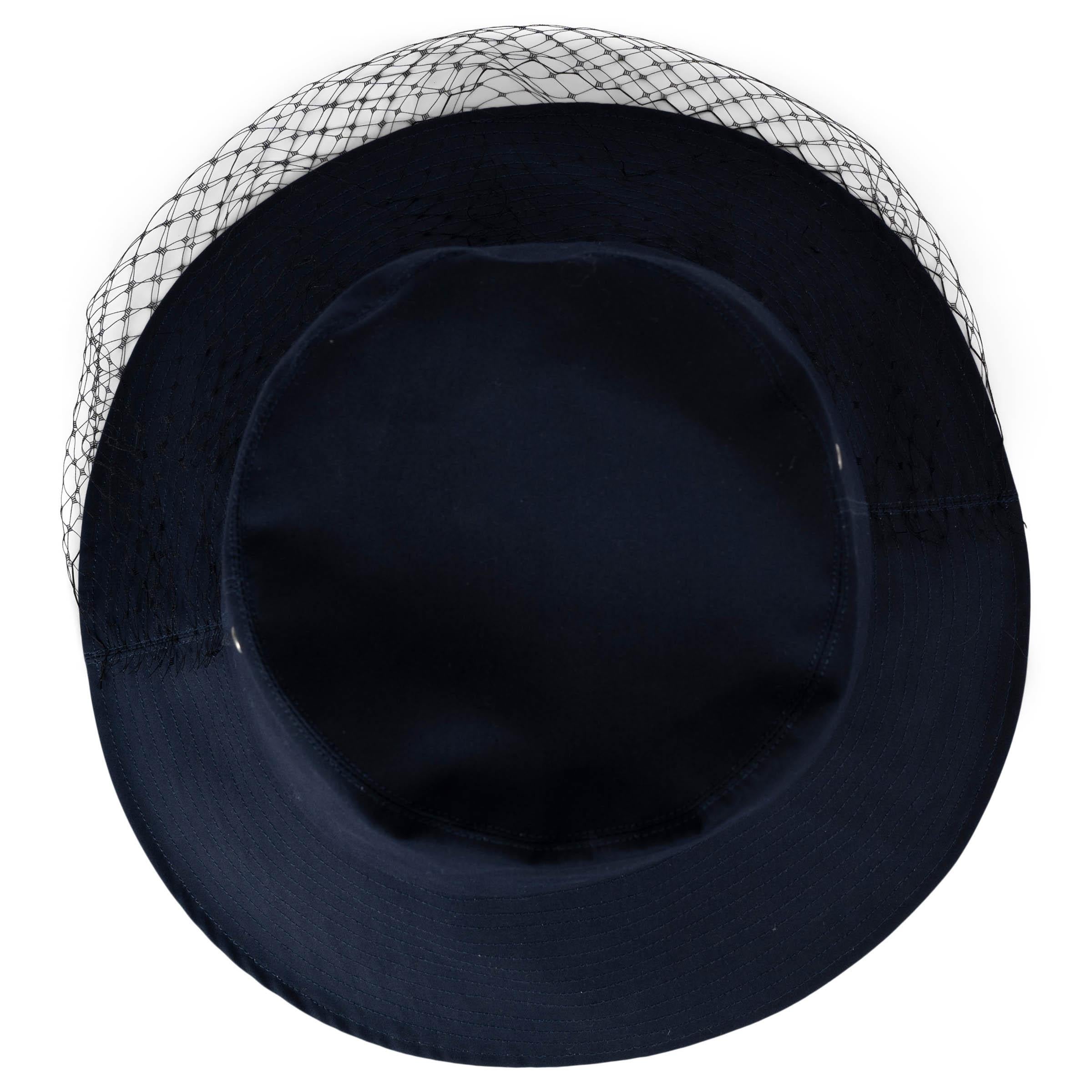 CHRISTIAN DIOR navy blue TEDDY-D LARGE BRIM VEIL BUCKET Hat 57 For Sale 1