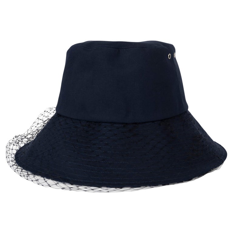 CHRISTIAN DIOR navy blue TEDDY-D LARGE BRIM VEIL BUCKET Hat 