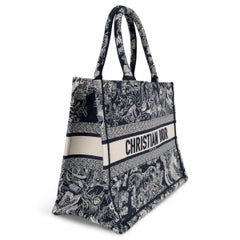 CHRISTIAN DIOR navy blue TOILE DU JOUY REVERSE MEDIUM BOOK TOTE Bag