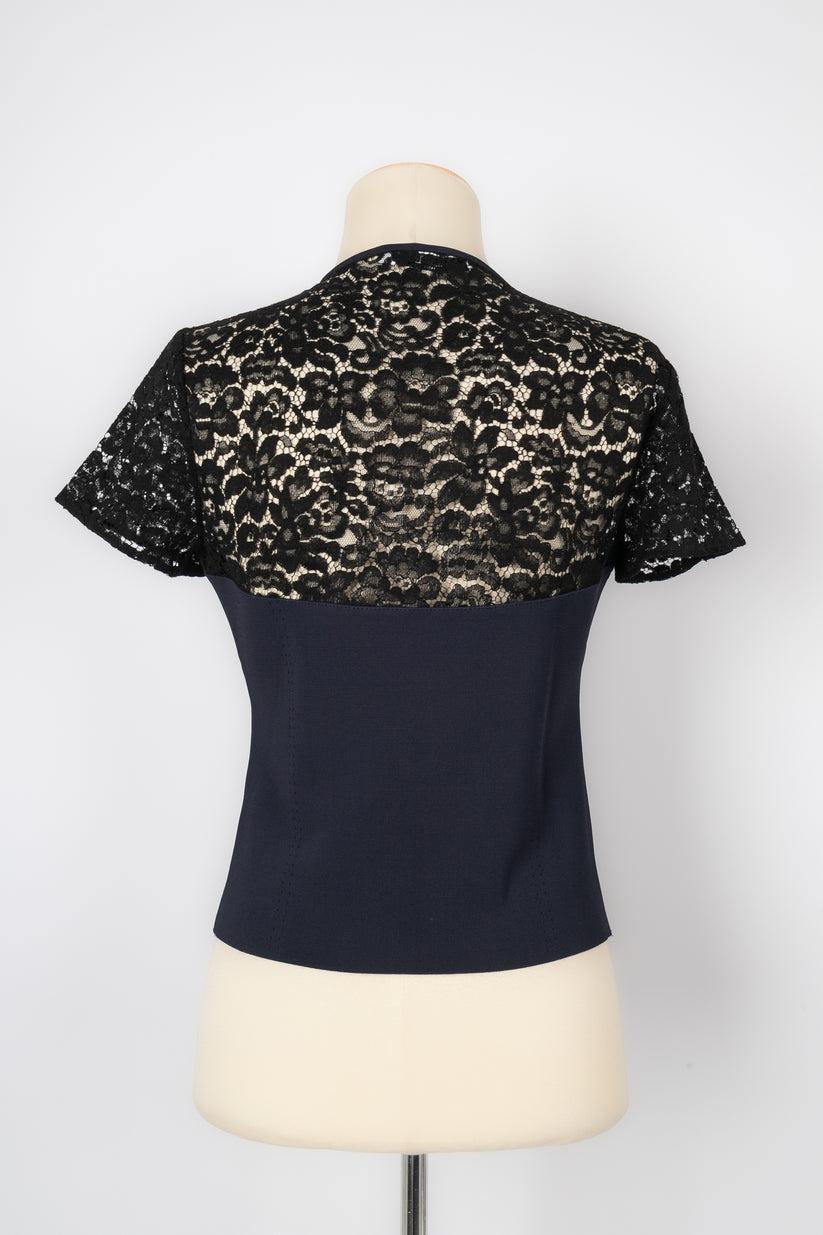 Christian Dior Navy Blue Top Ornamented with Black Lace In Excellent Condition For Sale In SAINT-OUEN-SUR-SEINE, FR