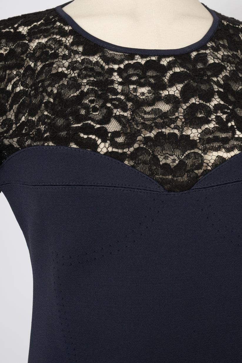 Christian Dior Navy Blue Top Ornamented with Black Lace For Sale 2
