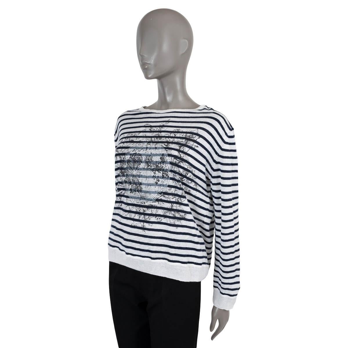 100% authentic Christian Dior Chez Moi striped sweater in white, grey and navy blue linen (75%), cashmere (18%) and silk (7%). The design features a printed globe and flowers motif at front and a boat neck. Has been worn and is in excellent