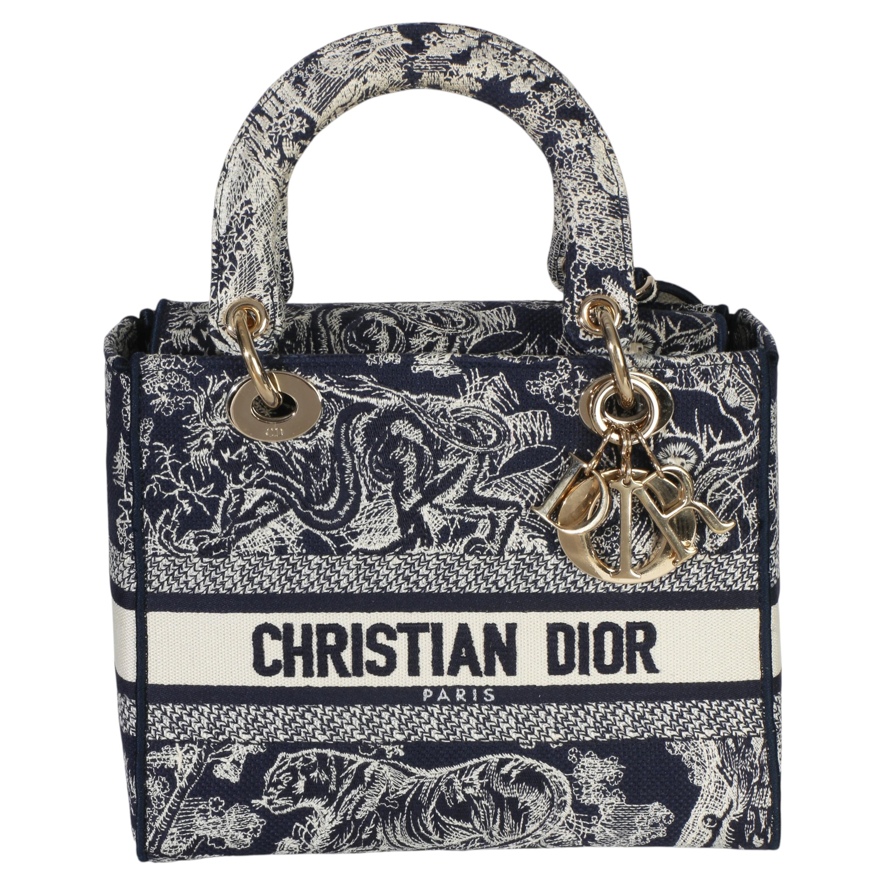 Christian Dior Navy Canvas Toile De Jouy Embroidered Medium Lady D-Lite