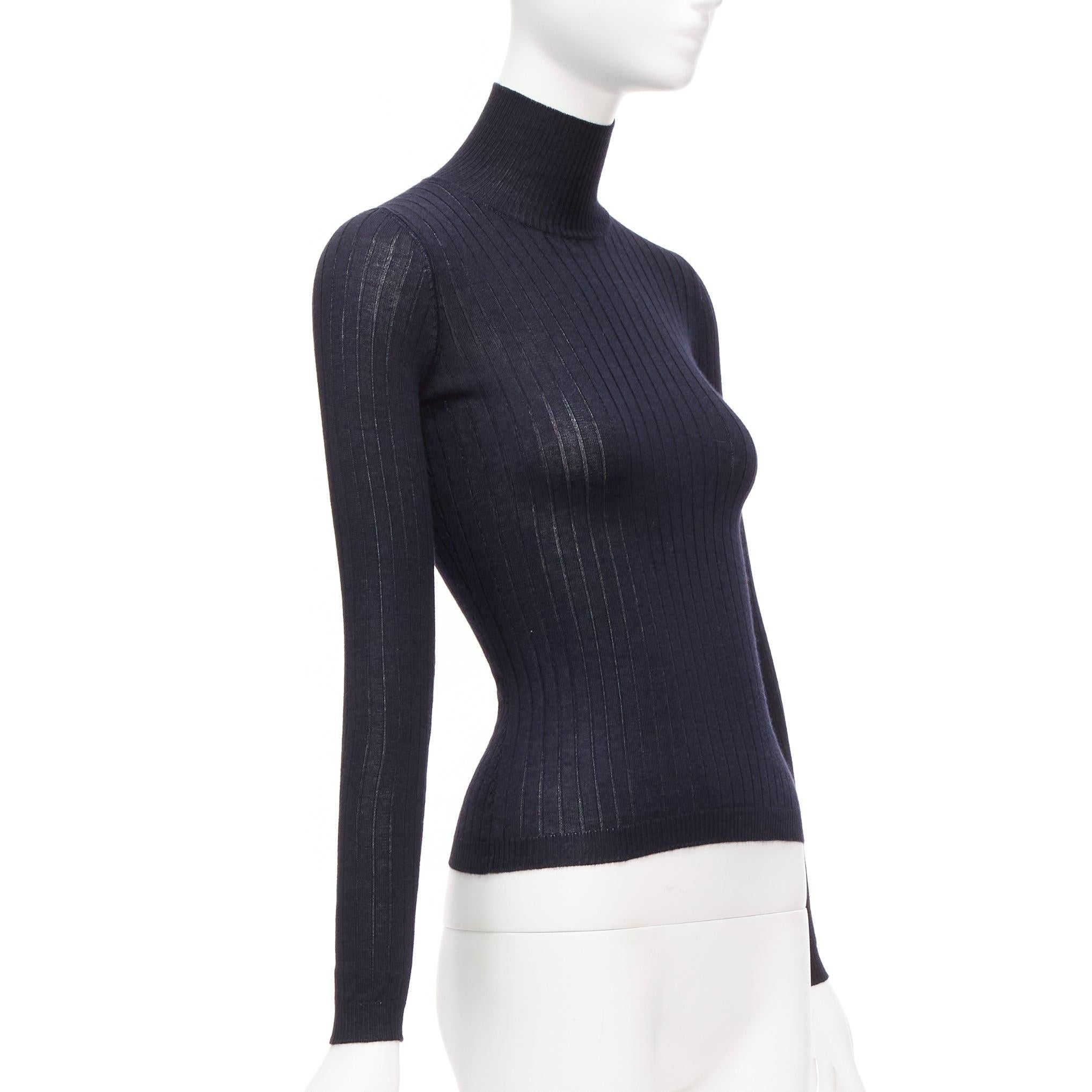 CHRISTIAN DIOR navy cashmere silk fine knit ribbed turtleneck sweater FR34 XS In Excellent Condition For Sale In Hong Kong, NT