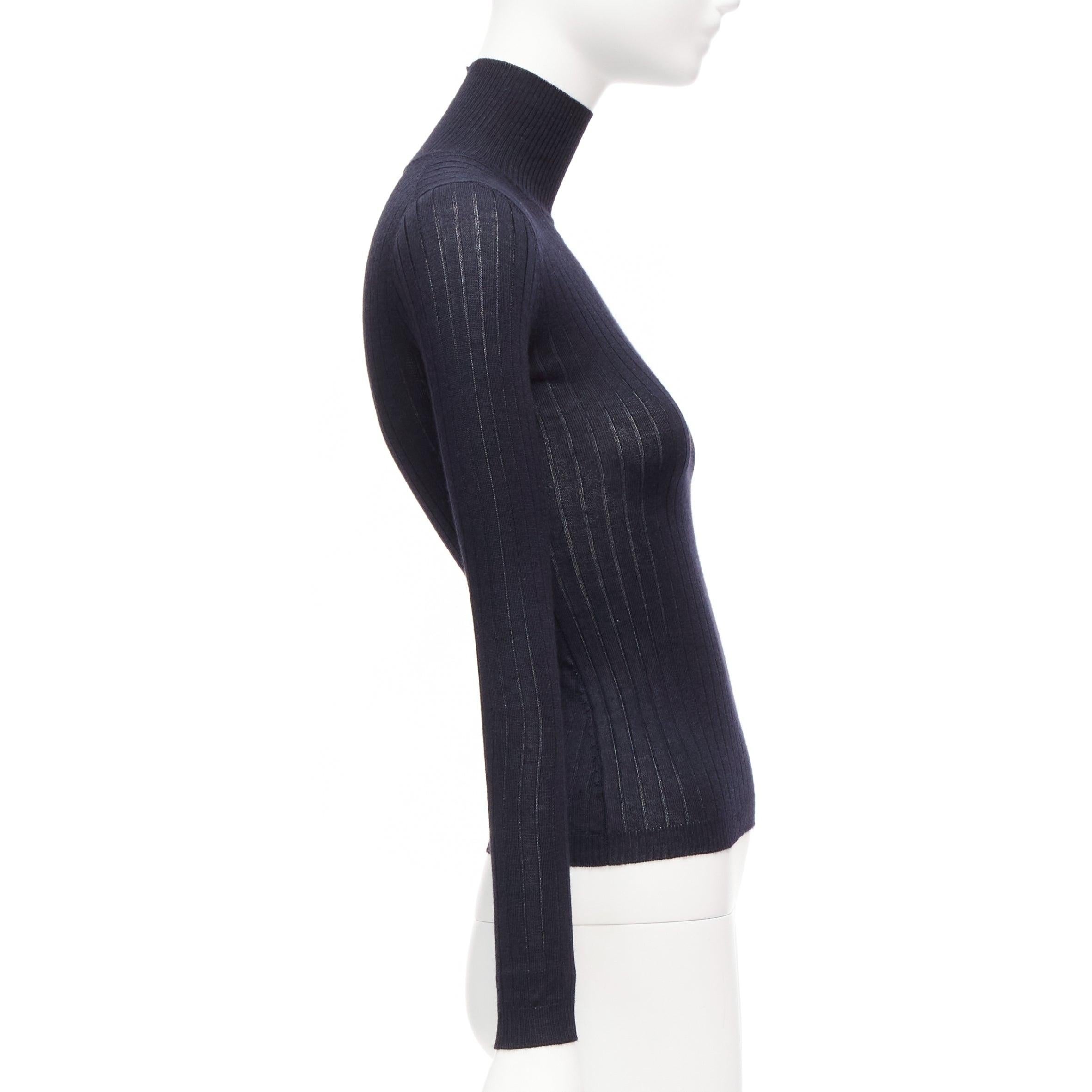 Women's CHRISTIAN DIOR navy cashmere silk fine knit ribbed turtleneck sweater FR34 XS For Sale