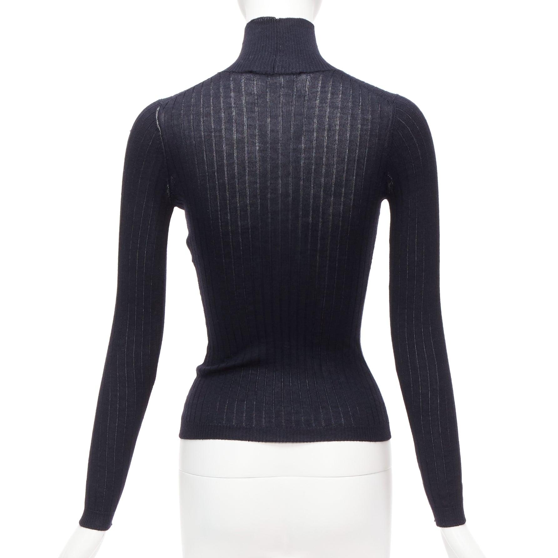 CHRISTIAN DIOR navy cashmere silk fine knit ribbed turtleneck sweater FR34 XS For Sale 1