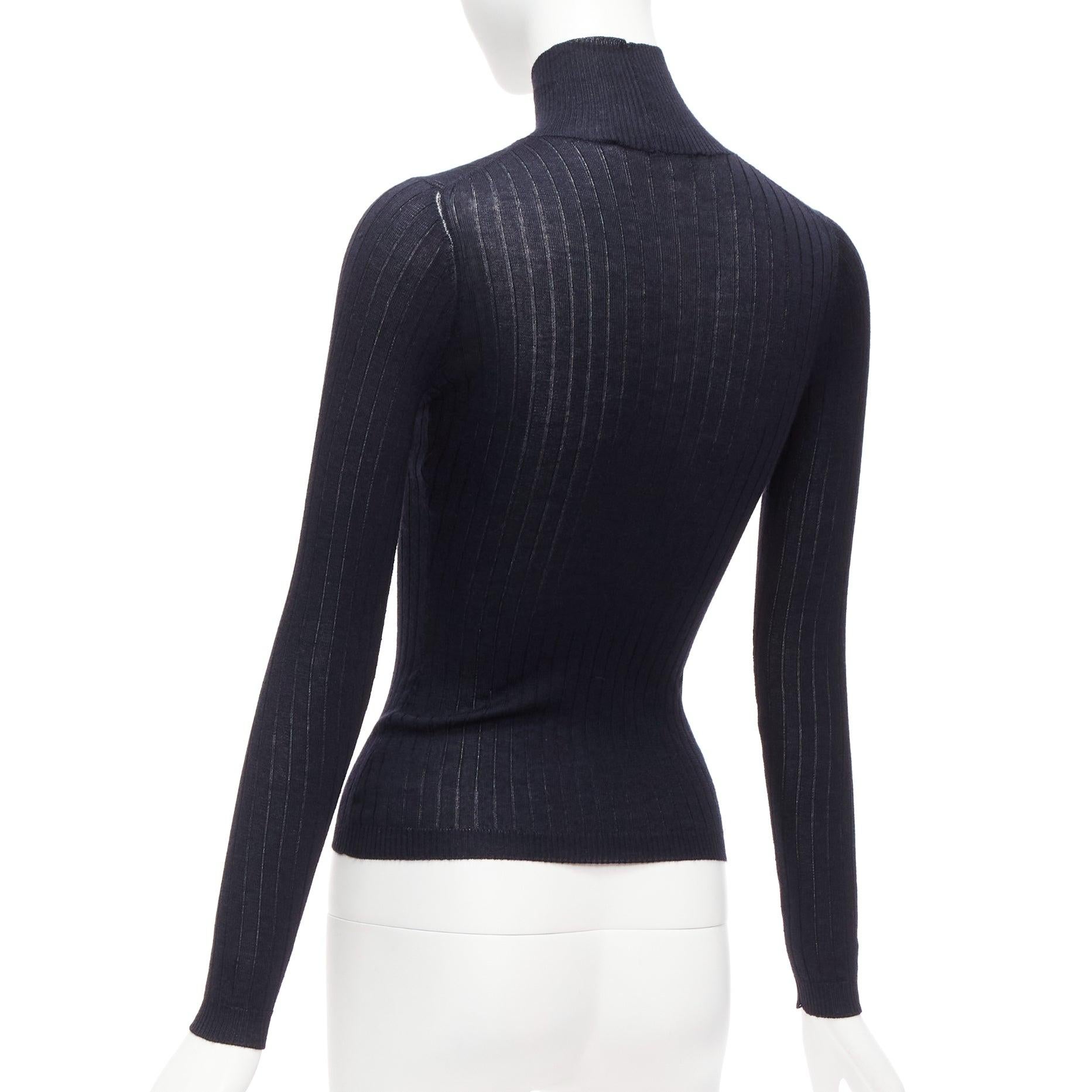 CHRISTIAN DIOR navy cashmere silk fine knit ribbed turtleneck sweater FR34 XS For Sale 2