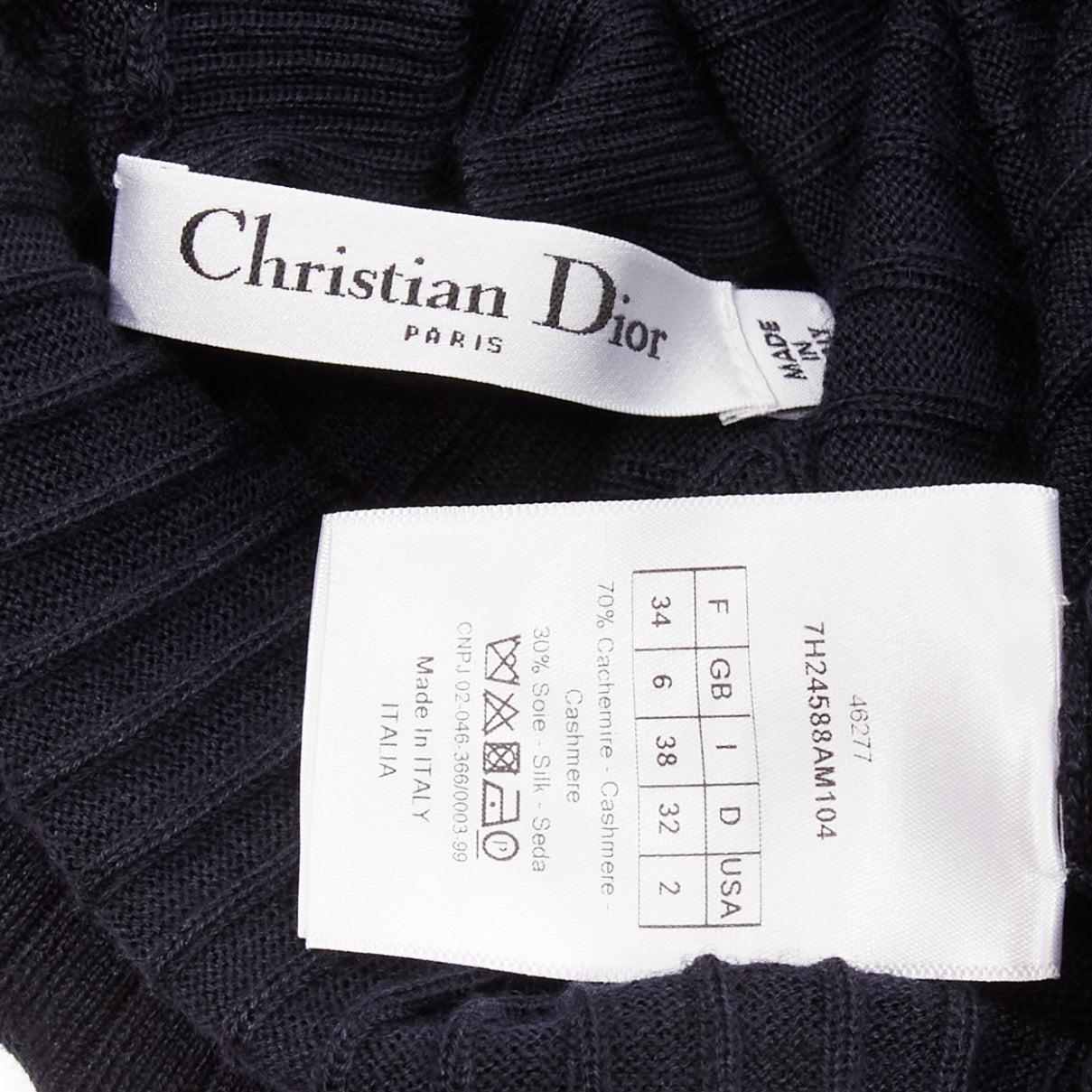 CHRISTIAN DIOR navy cashmere silk fine knit ribbed turtleneck sweater FR34 XS For Sale 4