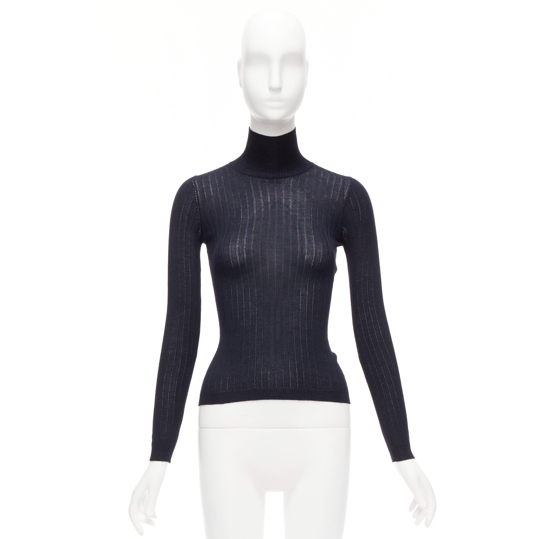 CHRISTIAN DIOR navy cashmere silk fine knit ribbed turtleneck sweater FR34 XS For Sale 5