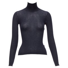 CHRISTIAN DIOR navy cashmere silk fine knit ribbed turtleneck sweater FR34 XS
