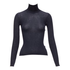 CHRISTIAN DIOR navy cashmere silk fine knit ribbed turtleneck sweater FR34 XS