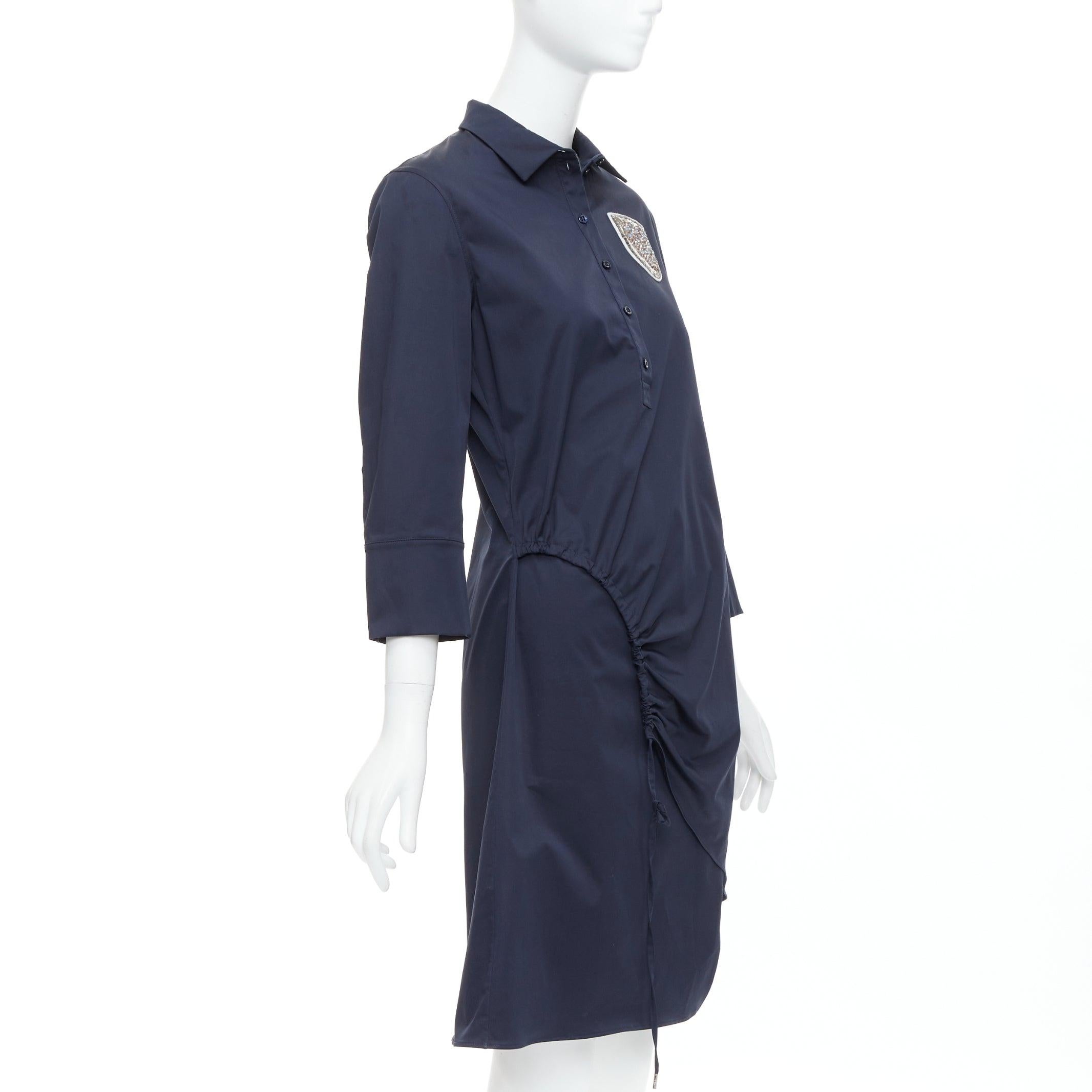 Black CHRISTIAN DIOR navy cotton beaded crest badge button down dress FR36 S For Sale