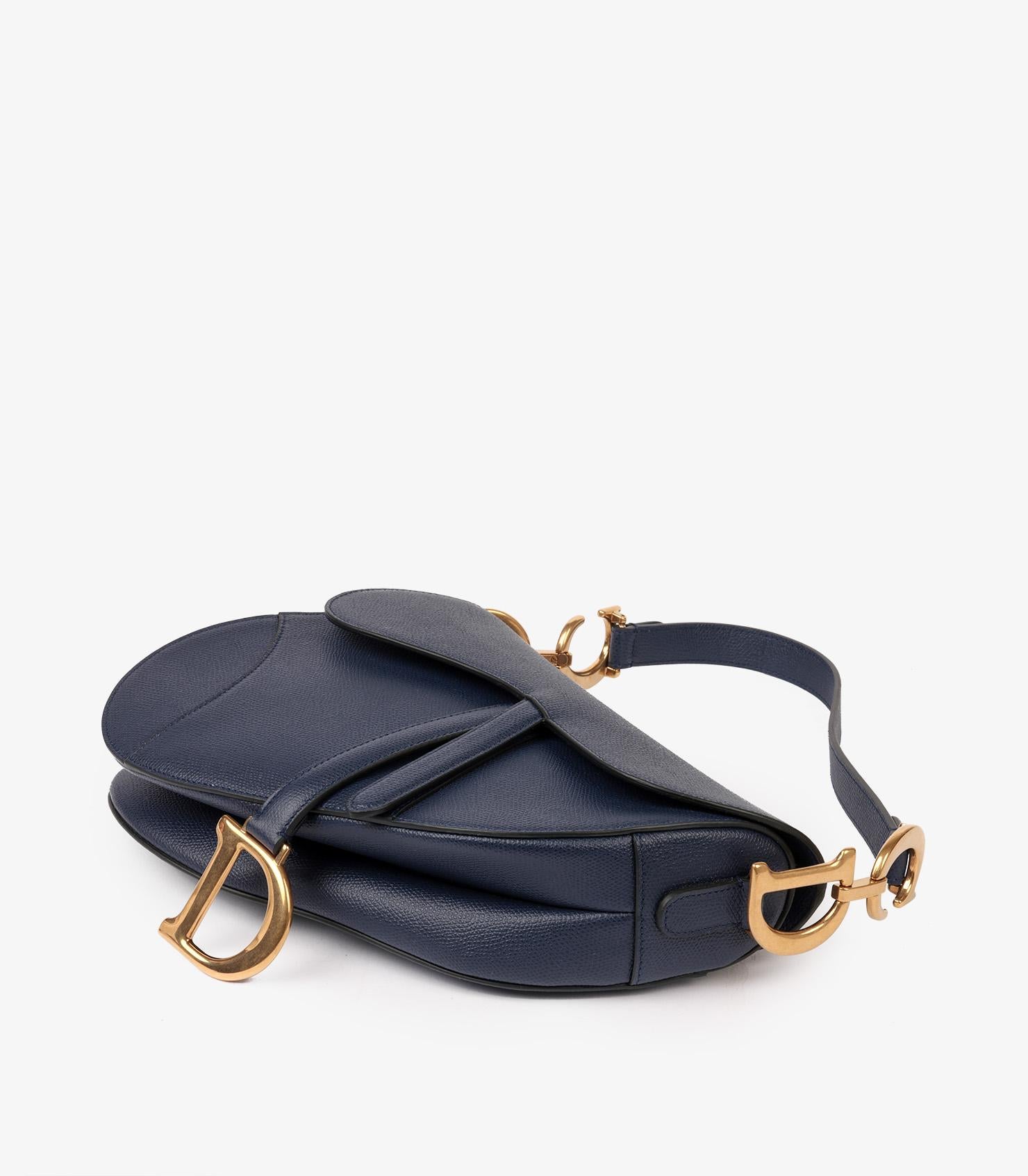 Black Christian Dior Navy Grained Calfskin Leather Saddle Bag with Shoulder Strap