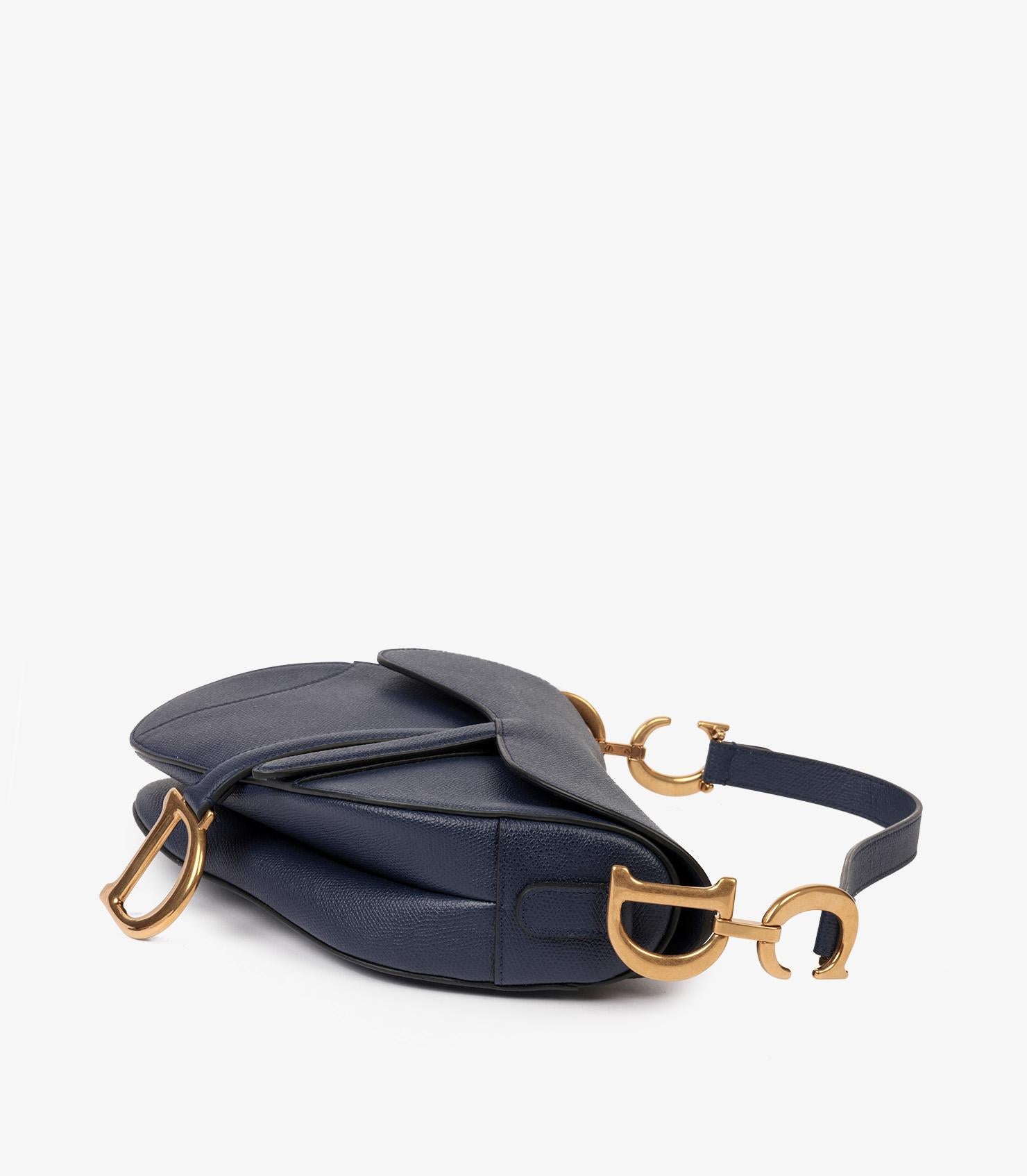 Women's or Men's Christian Dior Navy Grained Calfskin Leather Saddle Bag with Shoulder Strap