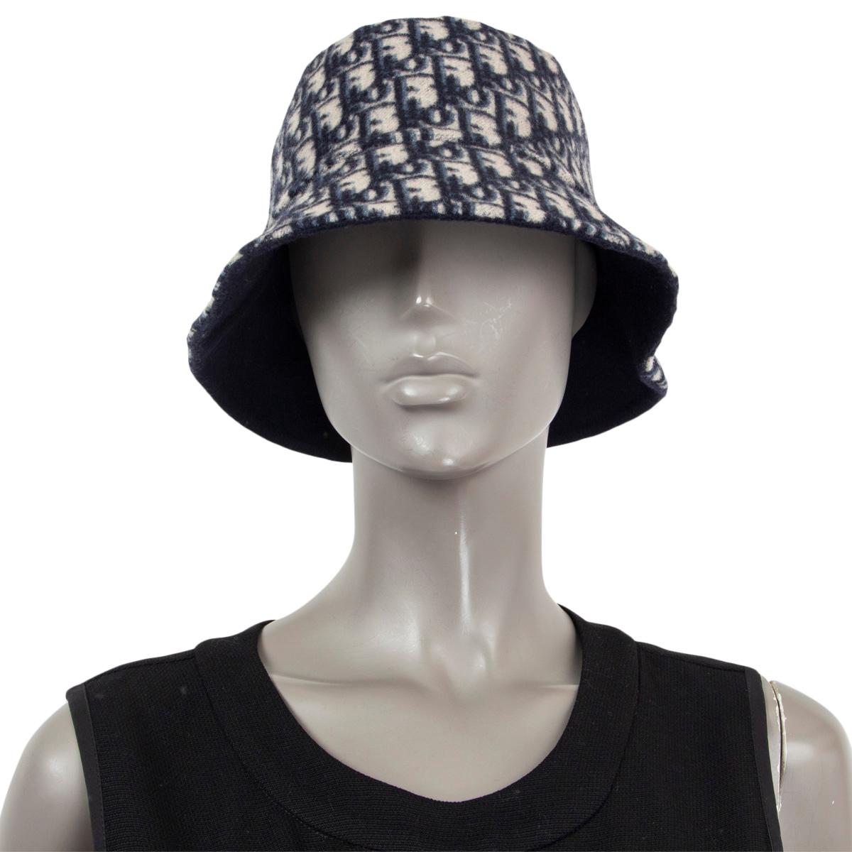 CHRISTIAN DIOR navy & ivory wool REVERSIBLE OBLIQUE BUCKET Hat 58 5