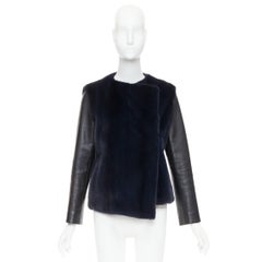 CHRISTIAN DIOR navy natural fur black soft leather sleeve silk lined jacket