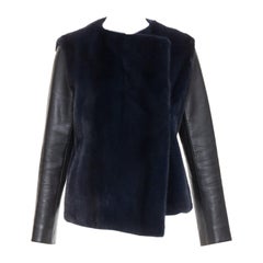 CHRISTIAN DIOR navy natural fur black soft leather sleeve silk lined jacket