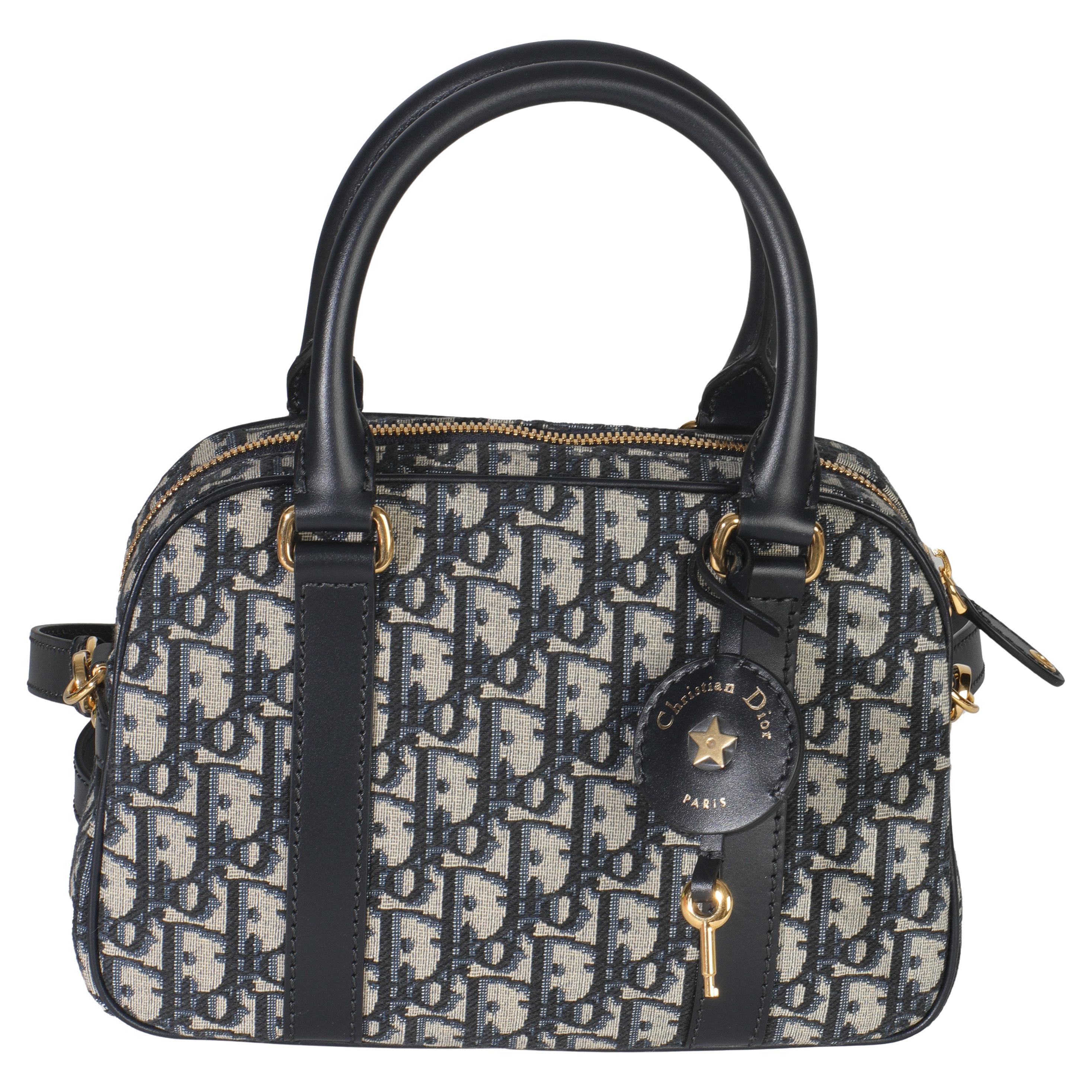 Christian Dior Navy Oblique Canvas Small D Vibe Bowling Bag For Sale