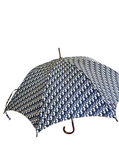 Christian Dior Navy Oblique Jacquard Parasol Umbrella Wood Handle, Late 1970s