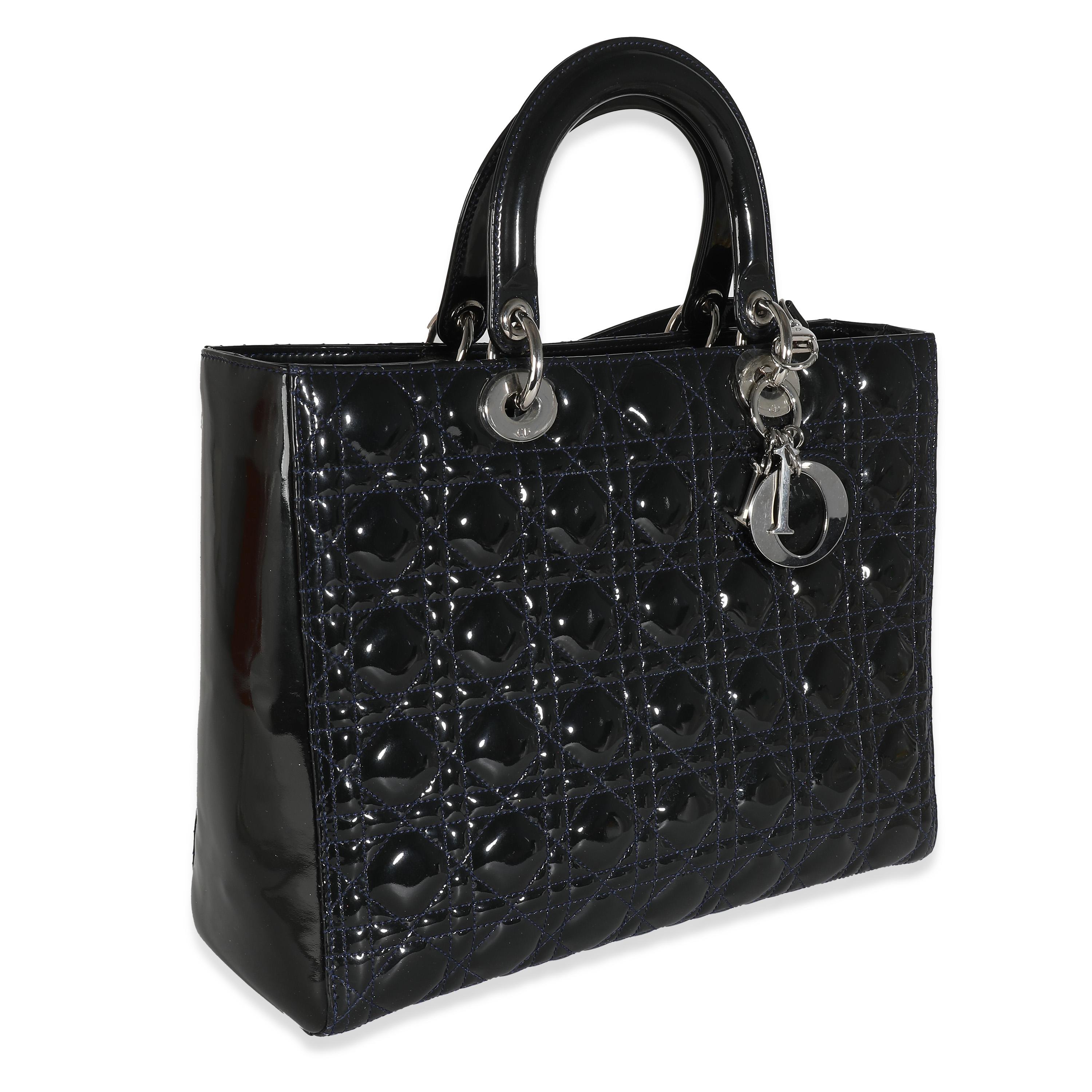 Black Christian Dior Navy Patent Cannage Large Lady Dior For Sale