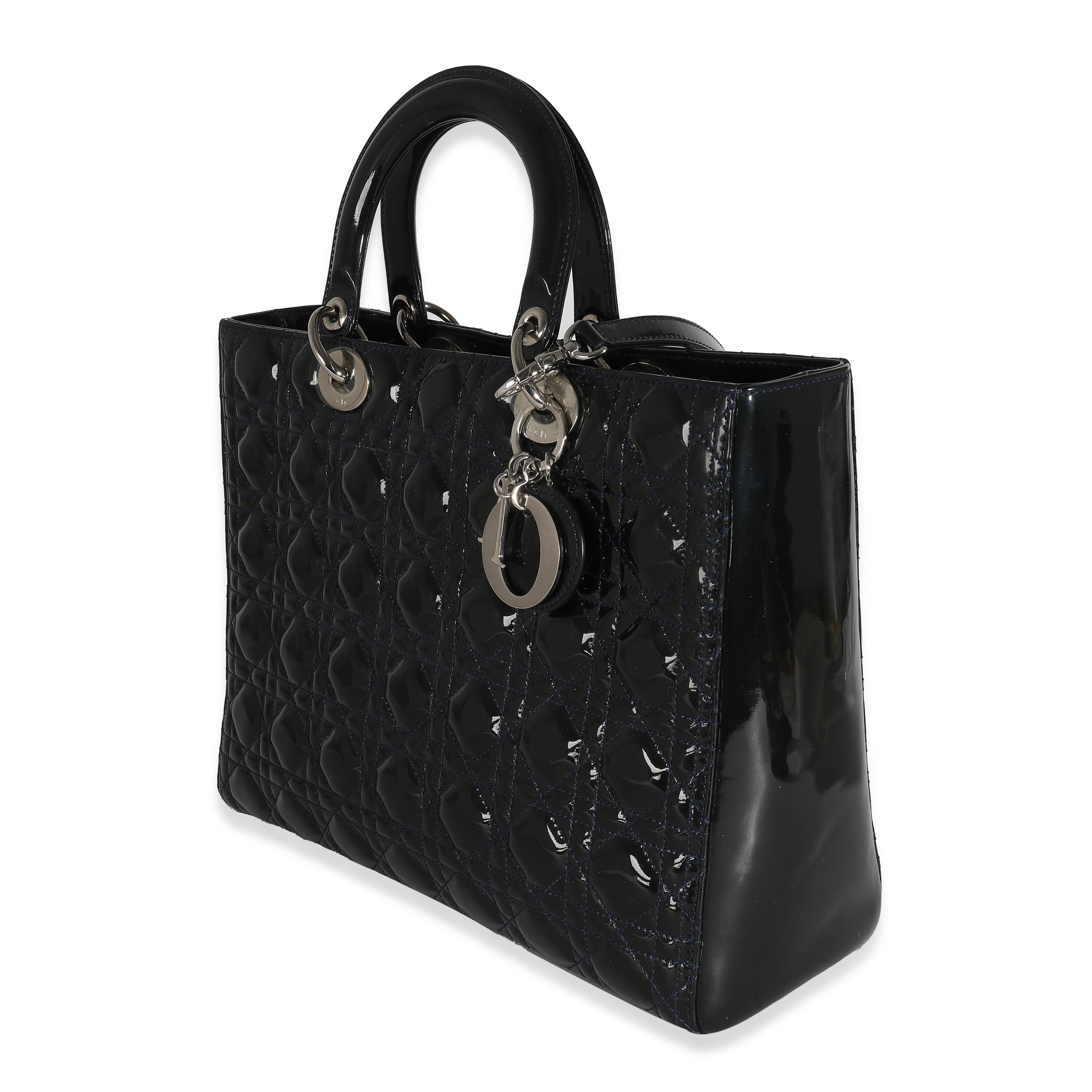 Christian Dior Navy Patent Cannage Large Lady Dior In Excellent Condition For Sale In New York, NY