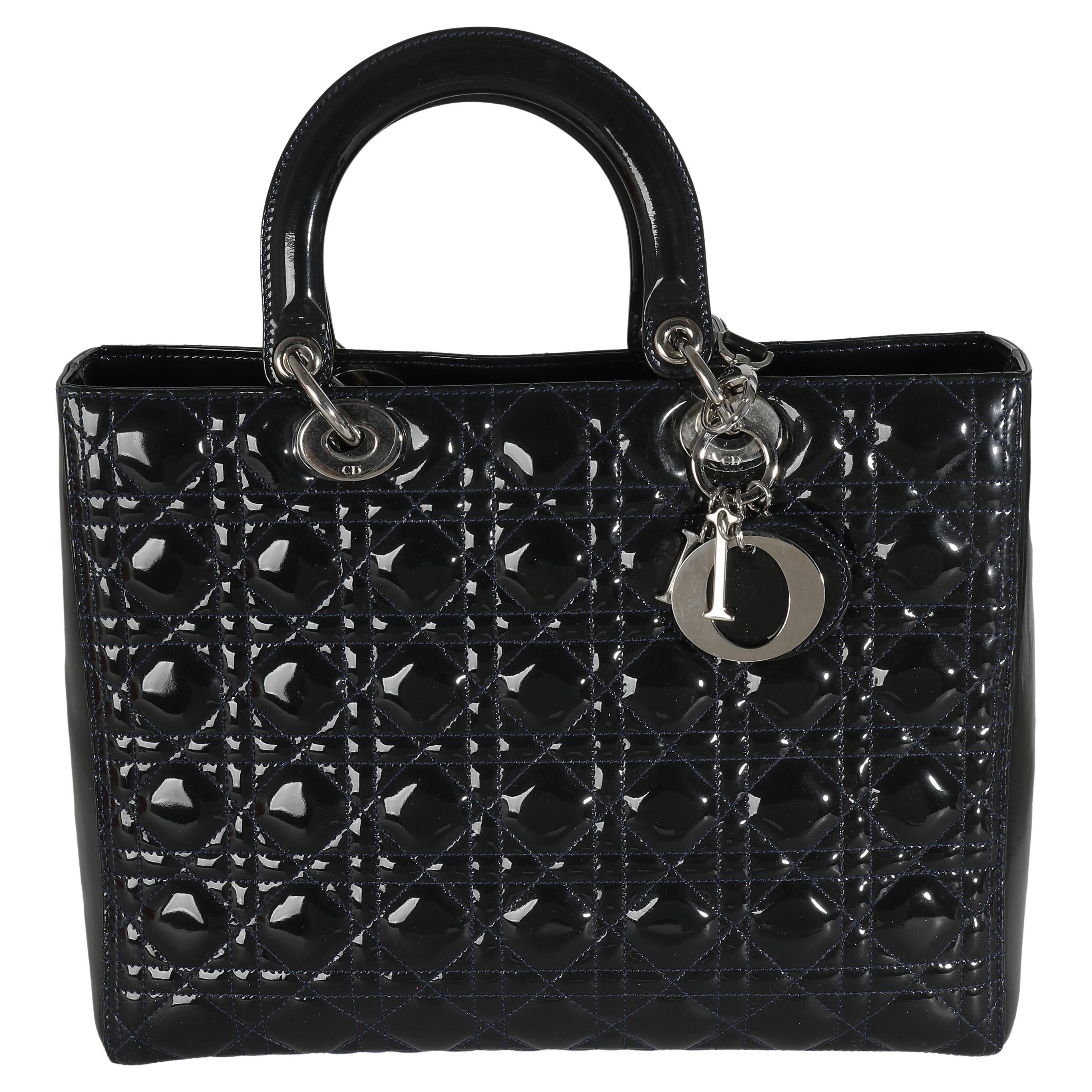 Christian Dior Navy Patent Cannage Large Lady Dior For Sale
