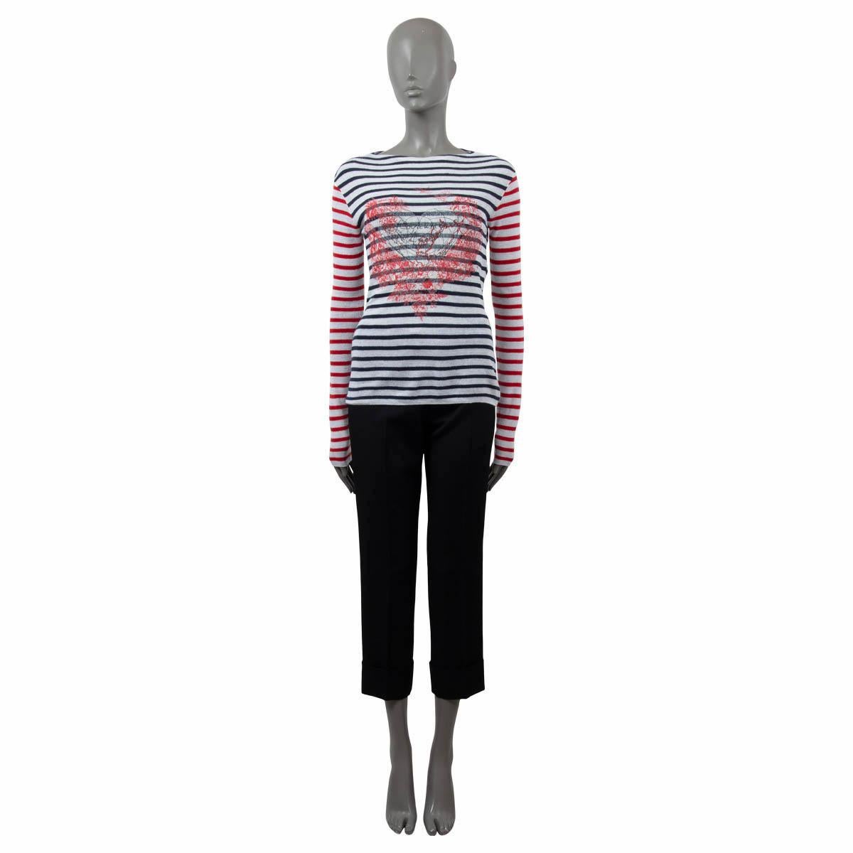 100% authentic Christian Dior DiorAmour striped sweater in white, navy blue and red linen (75%), cashmere (18%) and silk (7%). The design features a printed D-Royaume d'Amour motif at front and a boat neck. Has been worn and the print is slightly