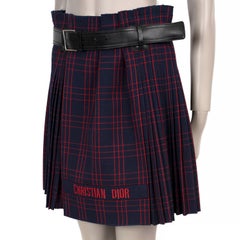 CHRISTIAN DIOR navy & red wool 2018 BELTED PLAID Skirt 40 M