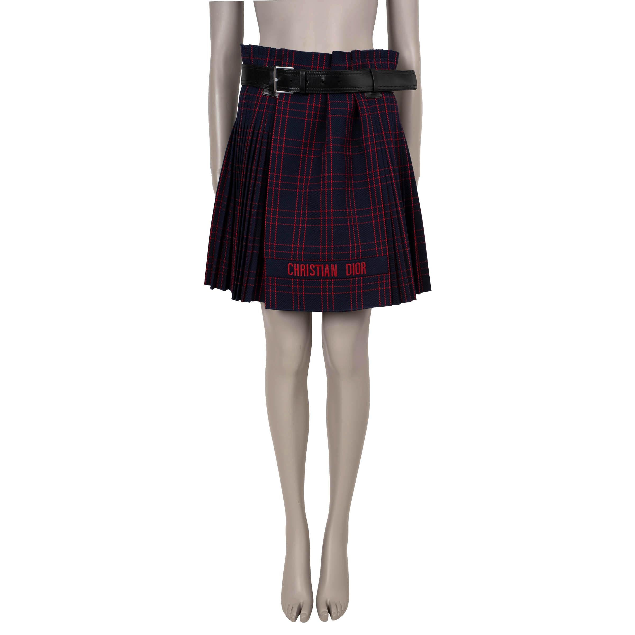 Women's CHRISTIAN DIOR navy & red wool 2018 BELTED PLAID Skirt 40 M For Sale