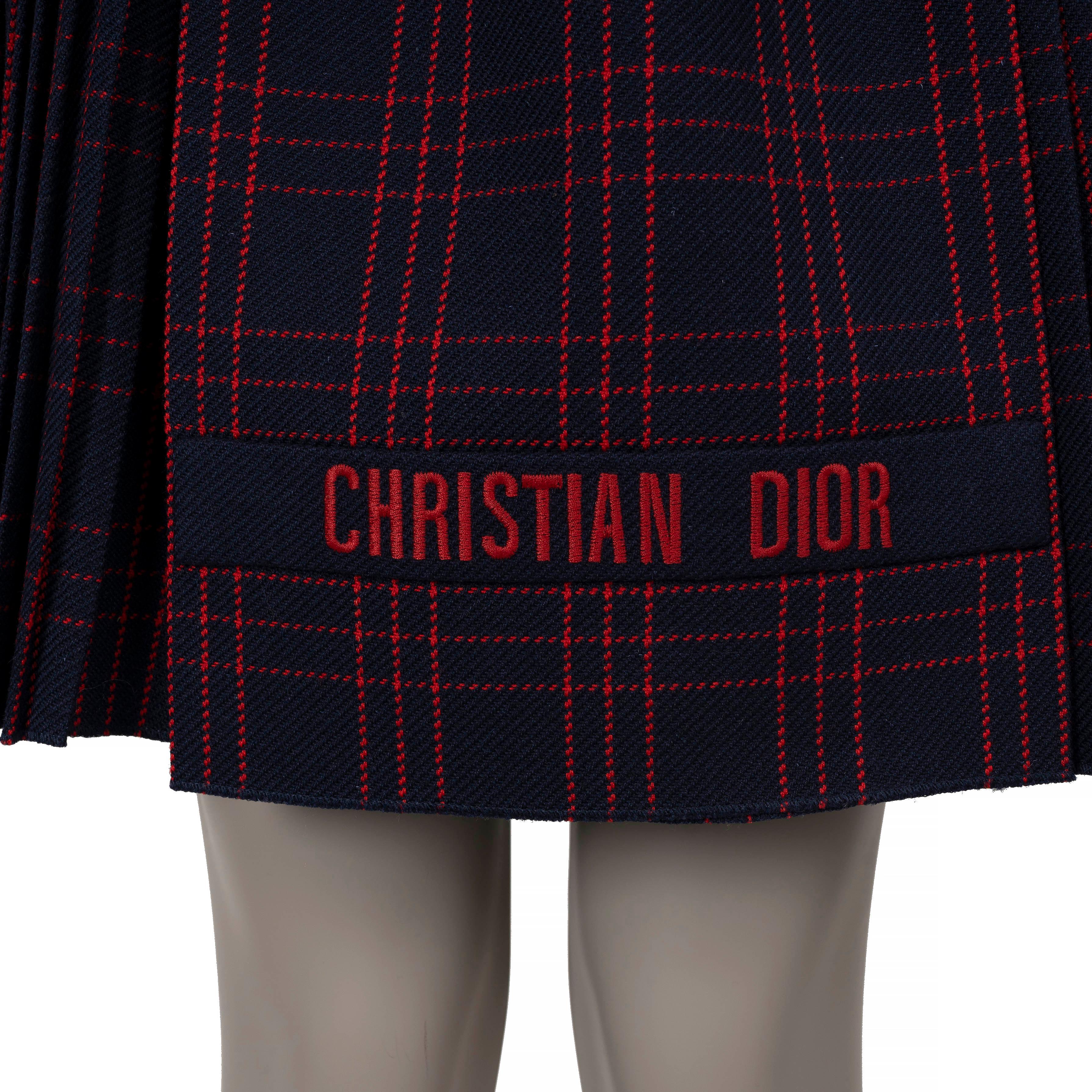 CHRISTIAN DIOR navy & red wool 2018 BELTED PLAID Skirt 40 M For Sale 2