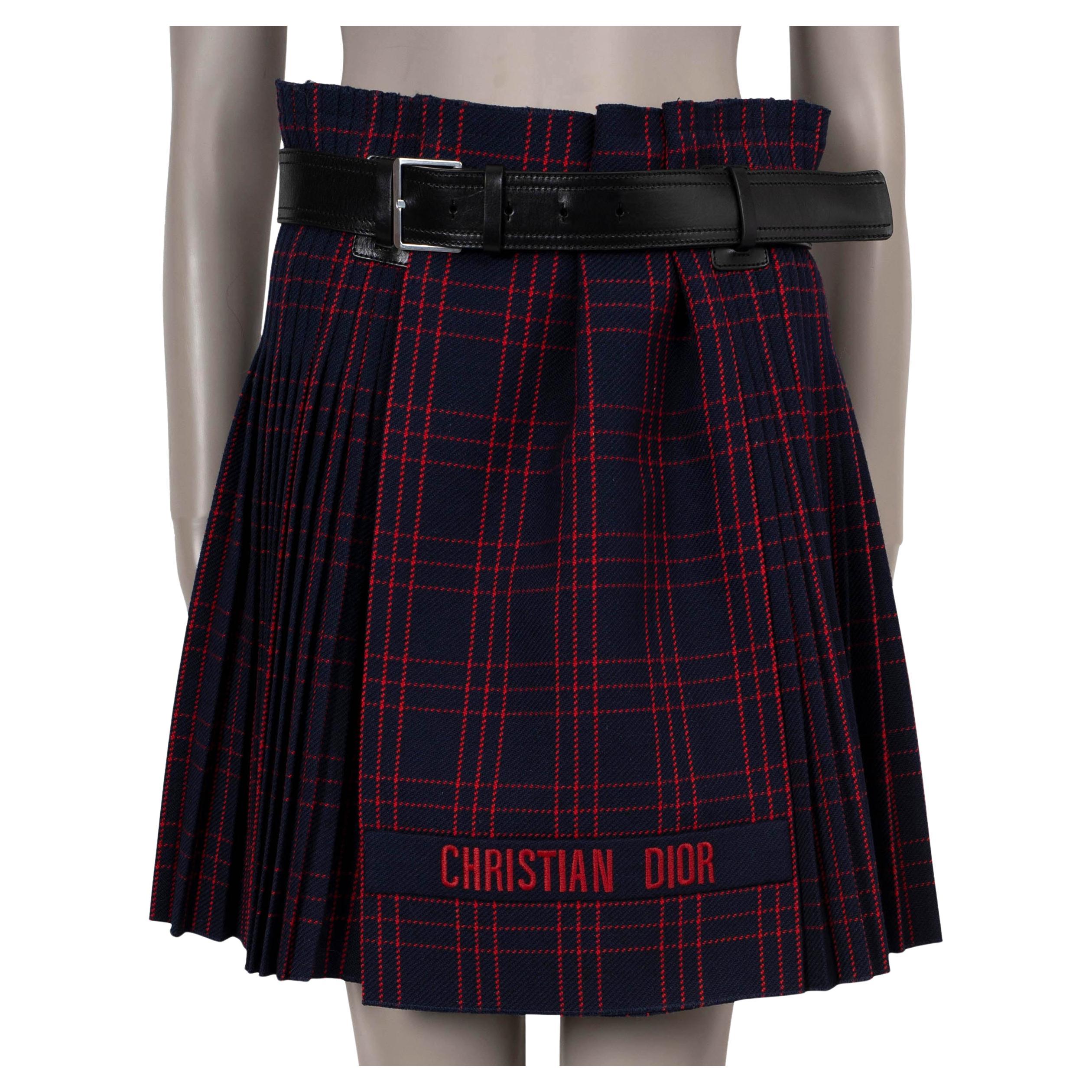 CHRISTIAN DIOR navy & red wool 2018 BELTED PLAID Skirt 40 M For Sale