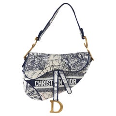 Christian Dior Borsa da sella in tela ricamata intorno al mondo in bianco e nero