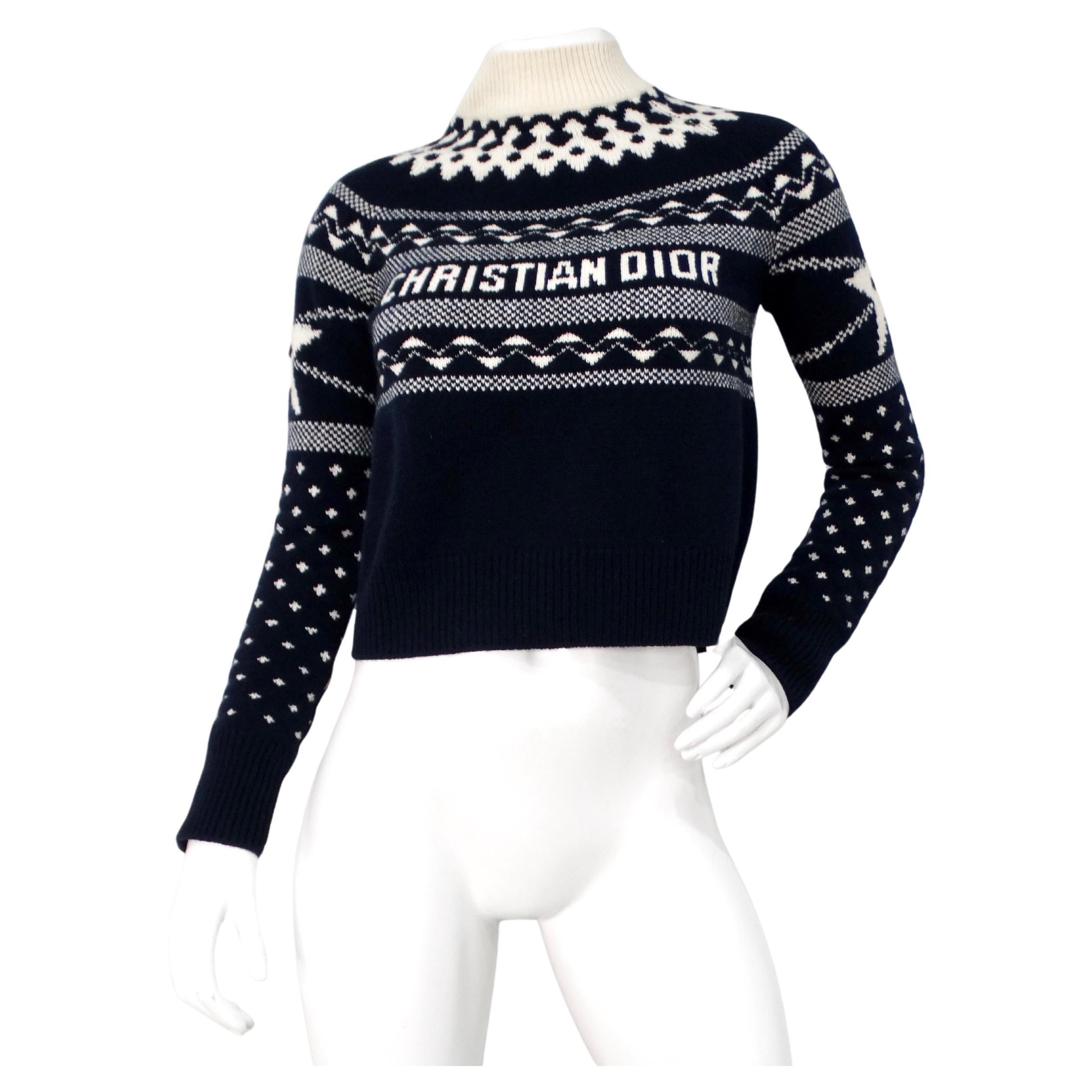 Christian Dior Navy & White Wool Cashmere Blend Knit Pullover Sweater For Sale