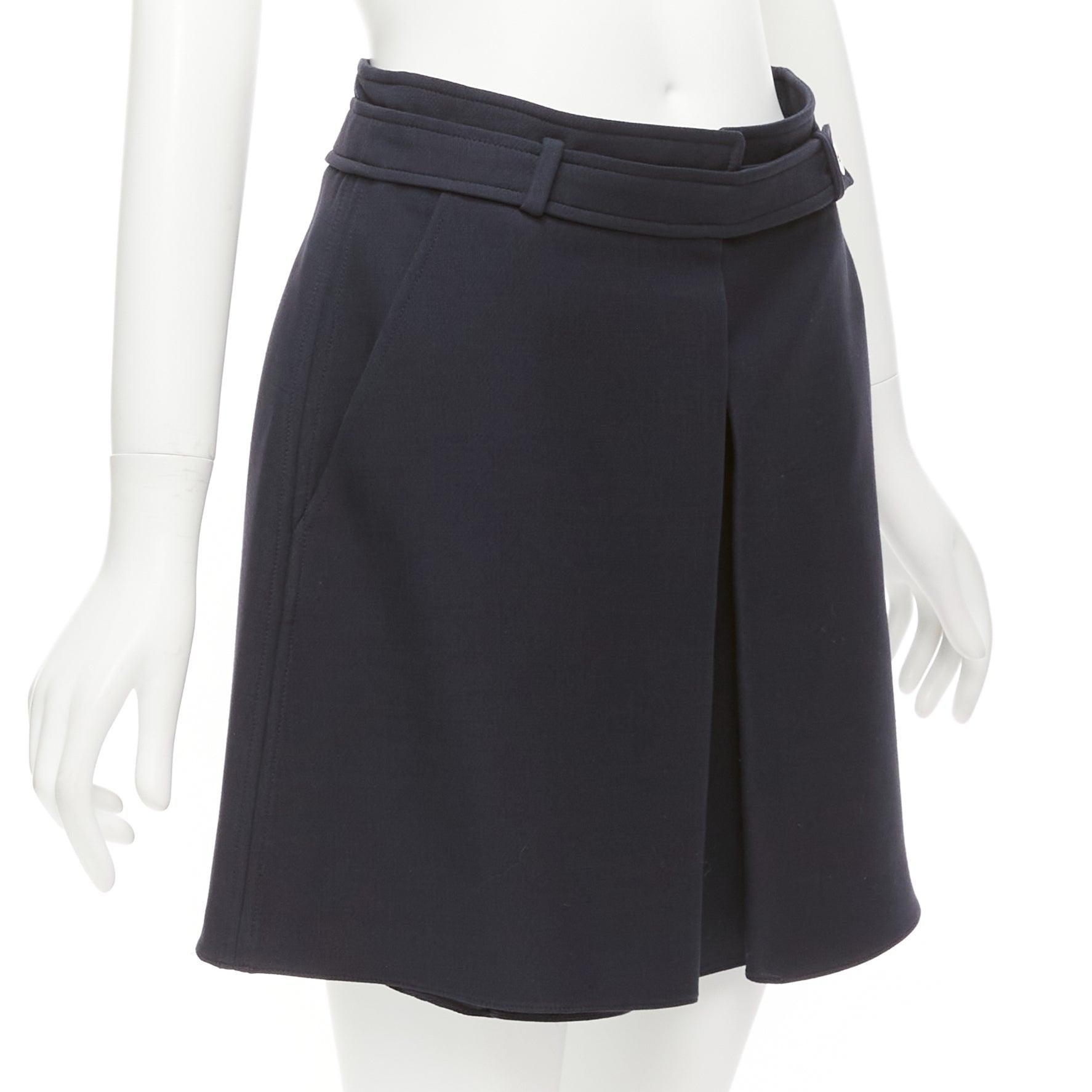 Black CHRISTIAN DIOR navy wool silk box pleat belted waistband skirt FR38 M For Sale