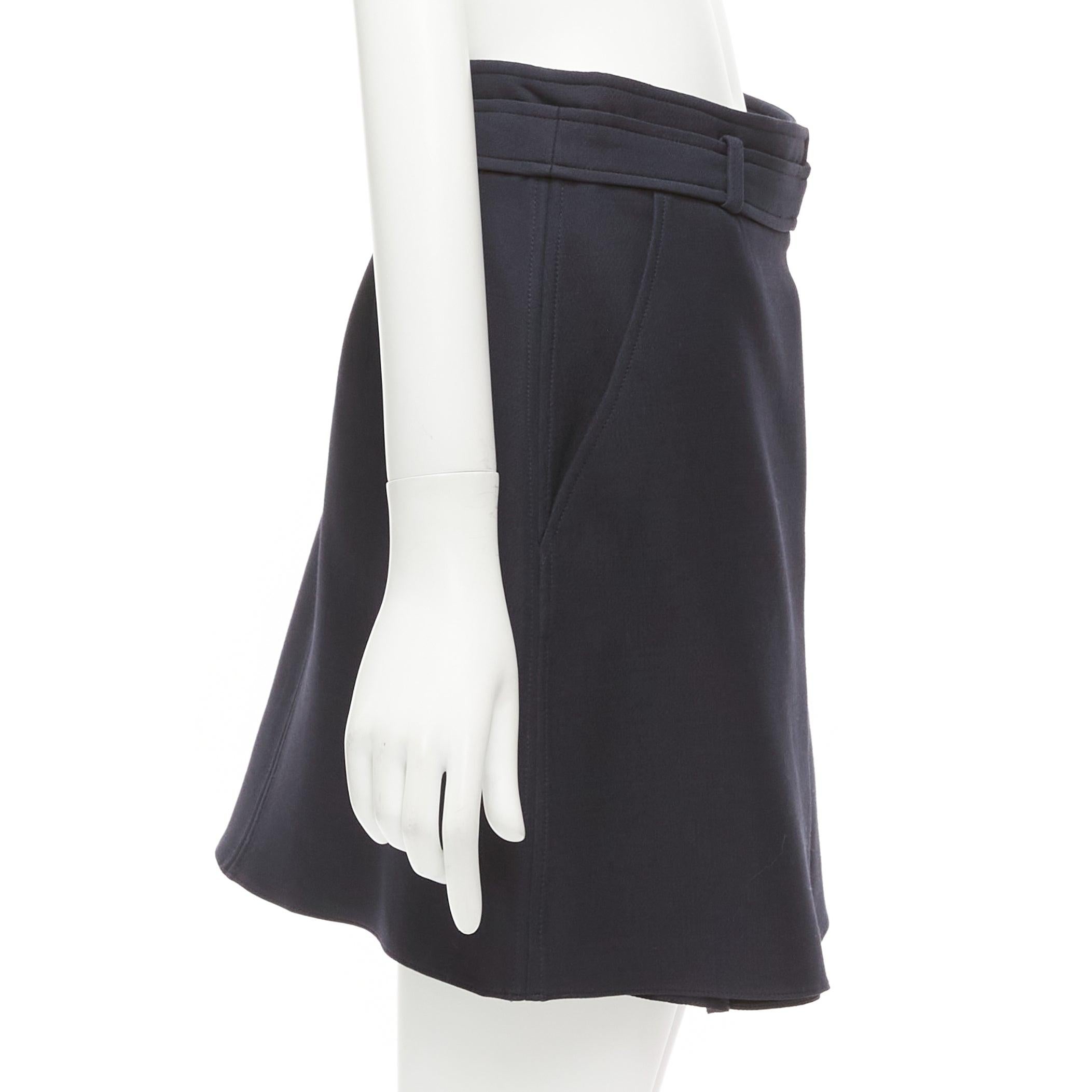 CHRISTIAN DIOR navy wool silk box pleat belted waistband skirt FR38 M In Good Condition For Sale In Hong Kong, NT