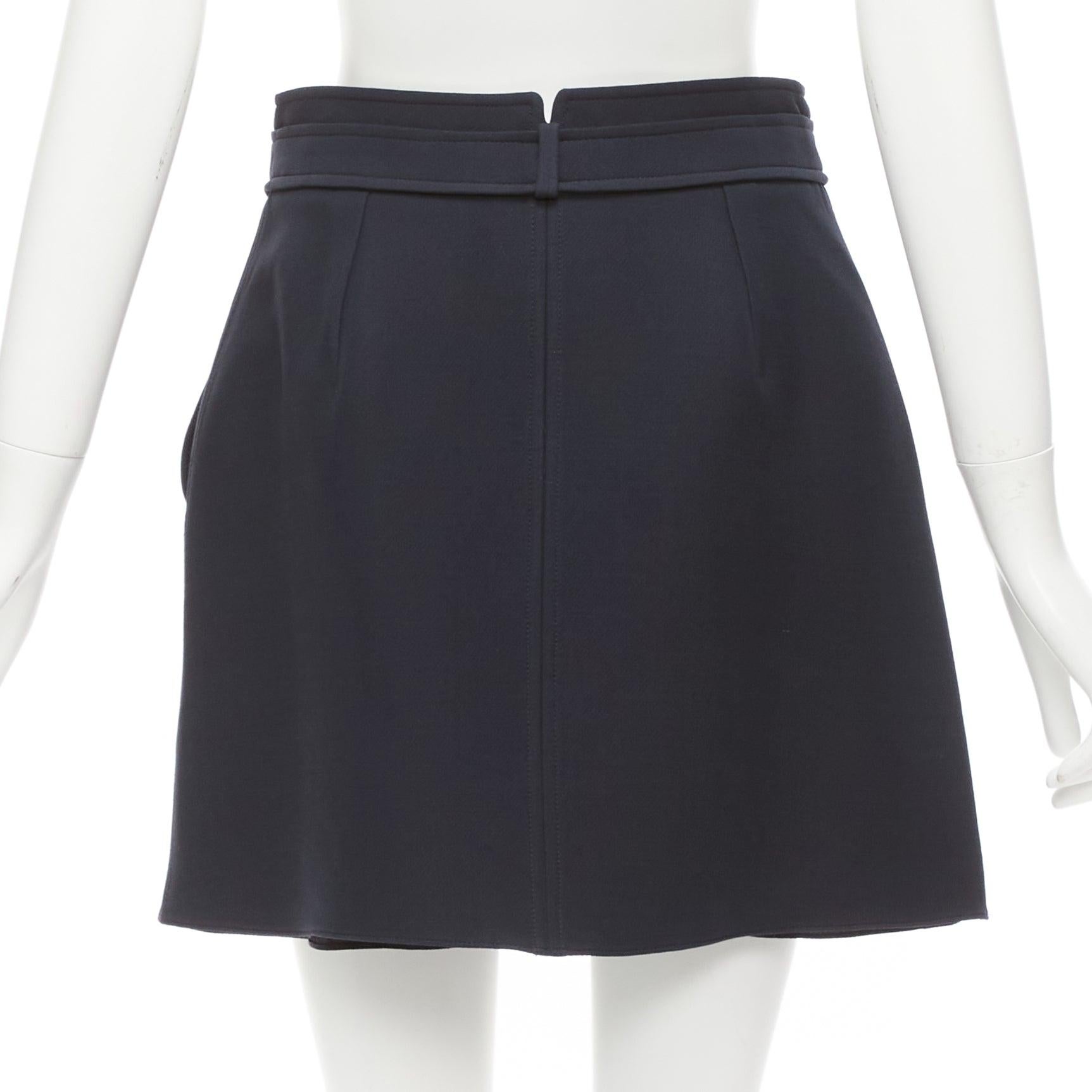 CHRISTIAN DIOR navy wool silk box pleat belted waistband skirt FR38 M For Sale 1