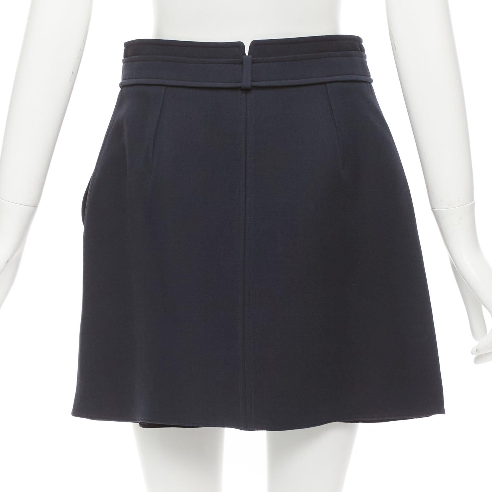 Women's CHRISTIAN DIOR navy wool silk box pleat belted waistband skirt FR38 M For Sale