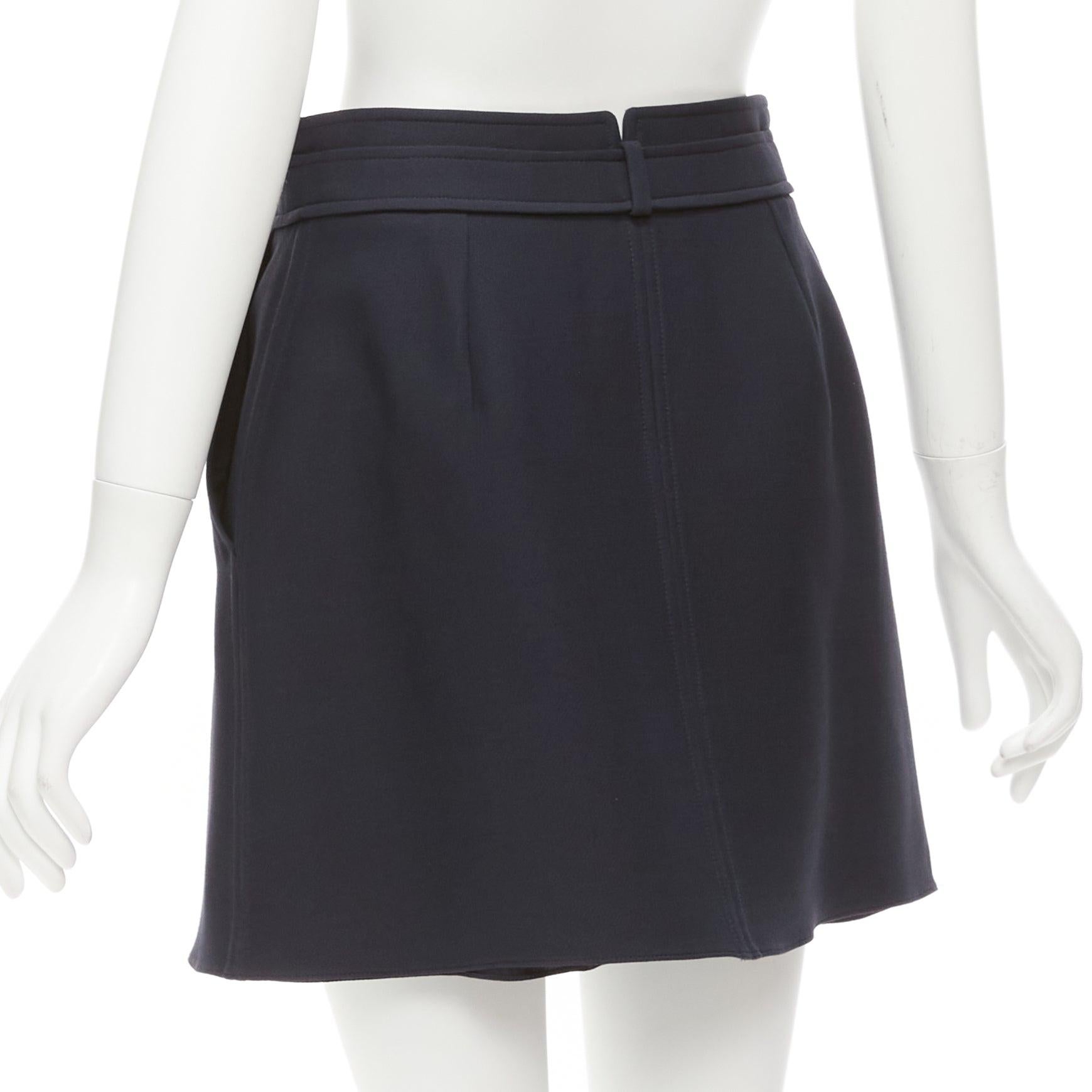 CHRISTIAN DIOR navy wool silk box pleat belted waistband skirt FR38 M For Sale 2