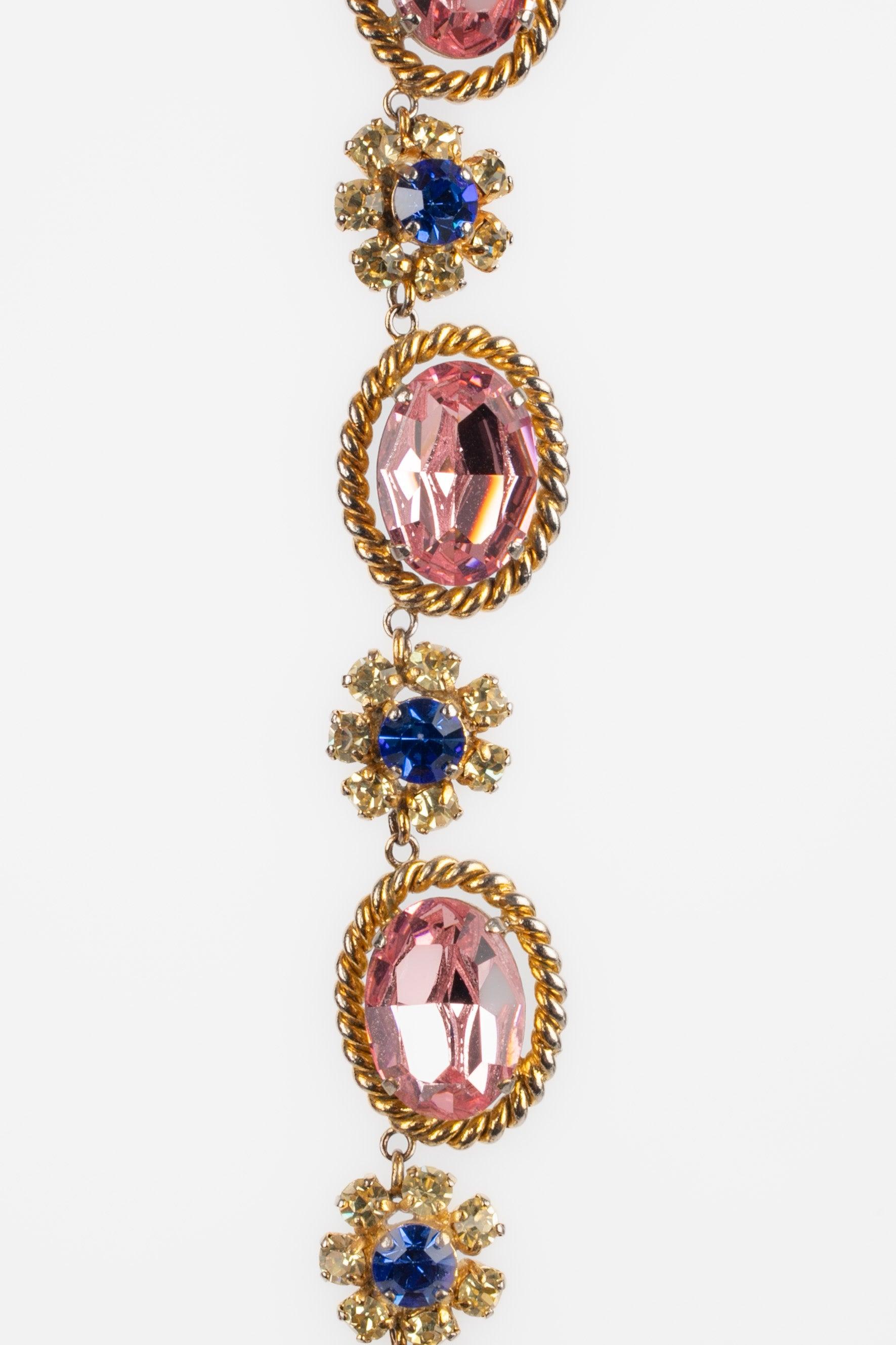 Christian Dior Necklace Set with Blue, Pink & Yellow Rhinestones, 1965 In Excellent Condition In SAINT-OUEN-SUR-SEINE, FR