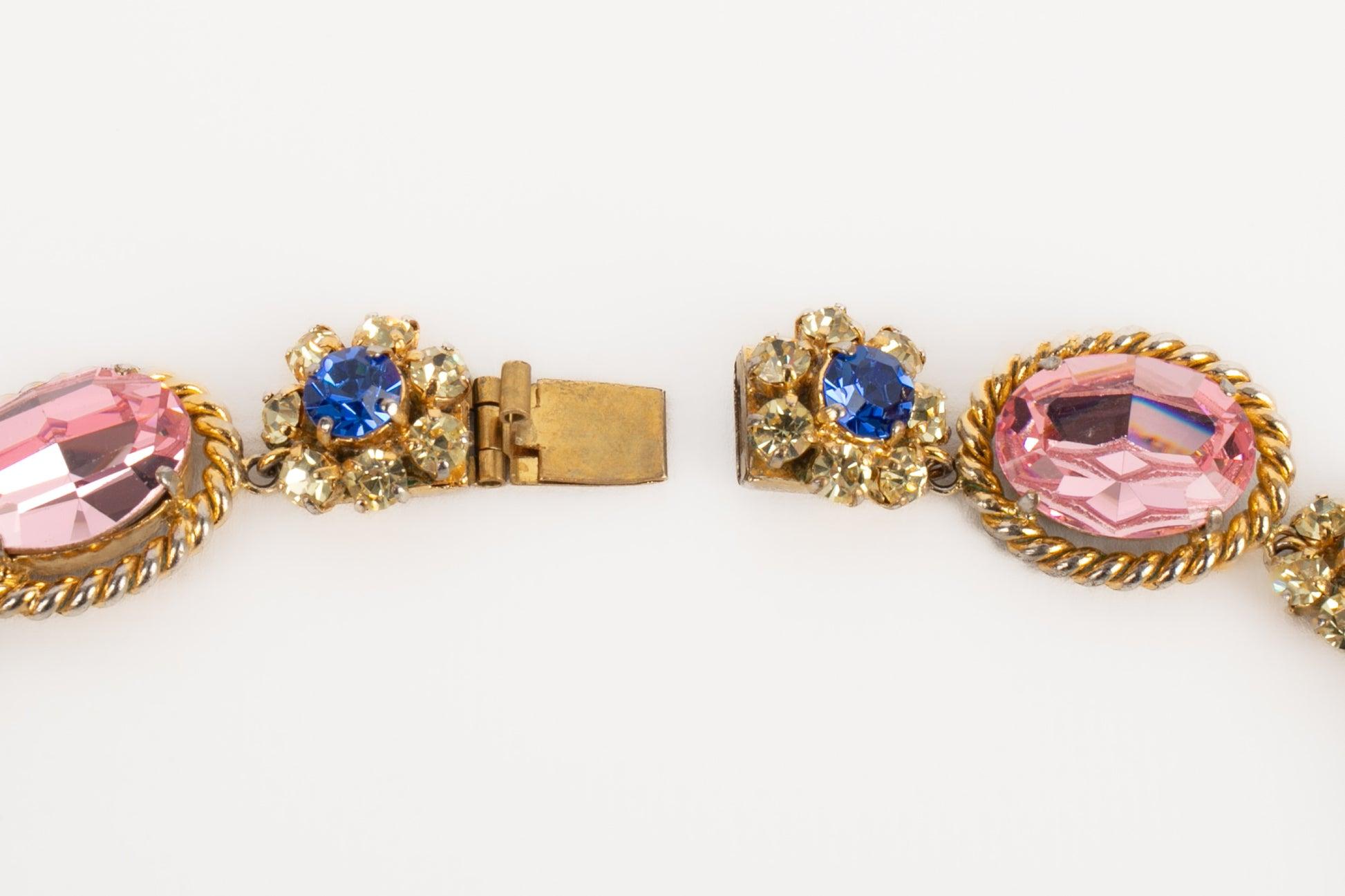 Women's Christian Dior Necklace Set with Blue, Pink & Yellow Rhinestones, 1965