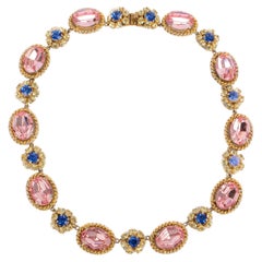 Retro Christian Dior Necklace Set with Blue, Pink & Yellow Rhinestones, 1965
