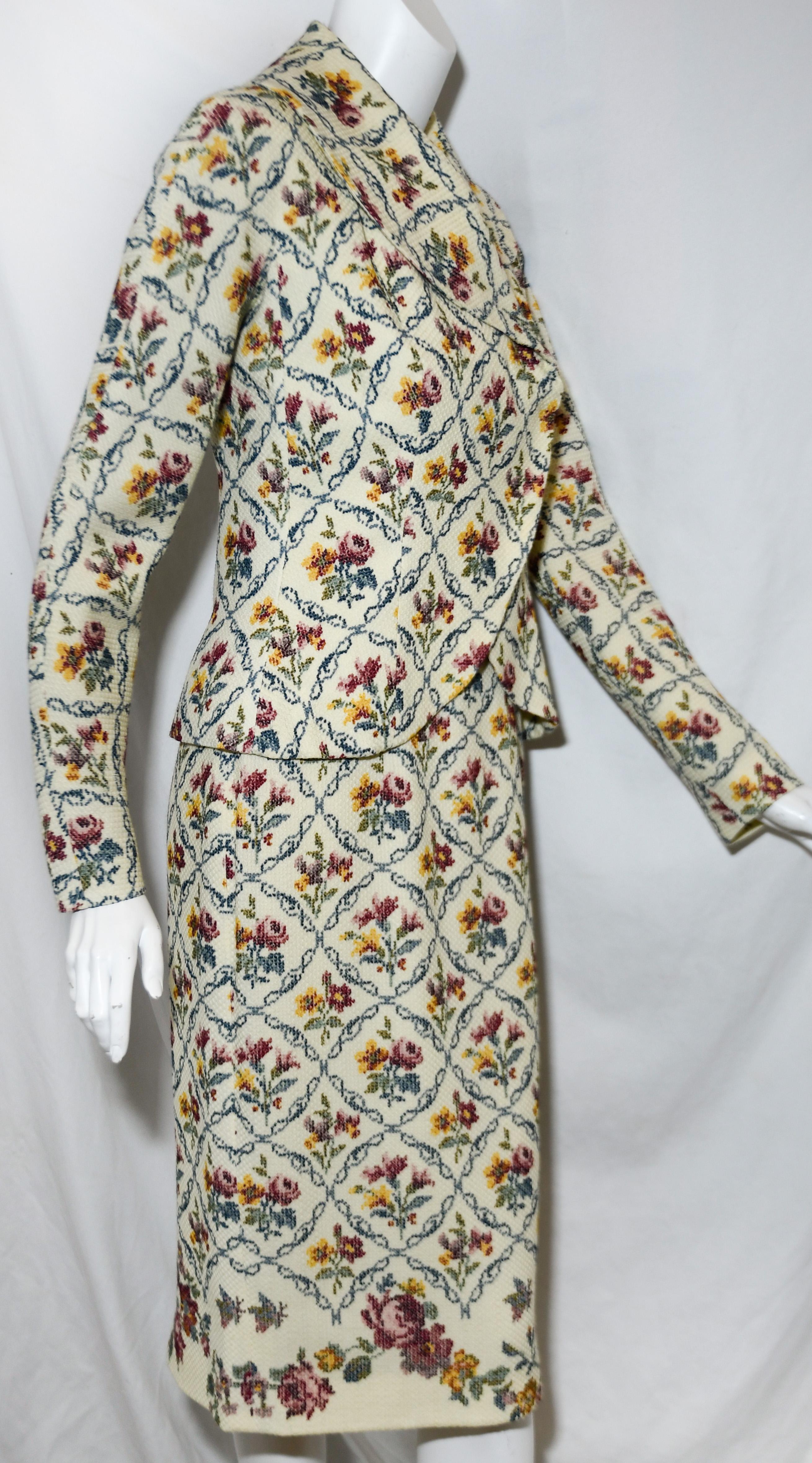 Beige Christian Dior Needle Point Floral Print Dress & Jacket Suit  For Sale