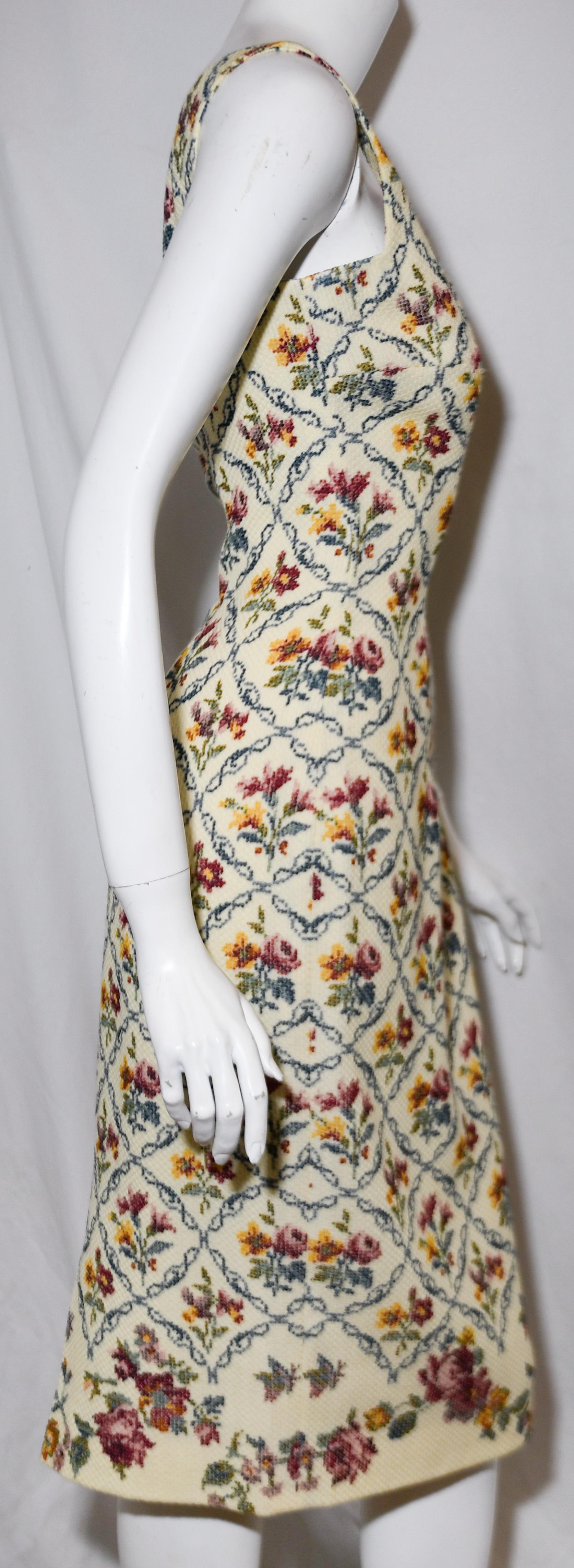 Christian Dior Needle Point Floral Print Dress & Jacket Suit  In Excellent Condition For Sale In Palm Beach, FL