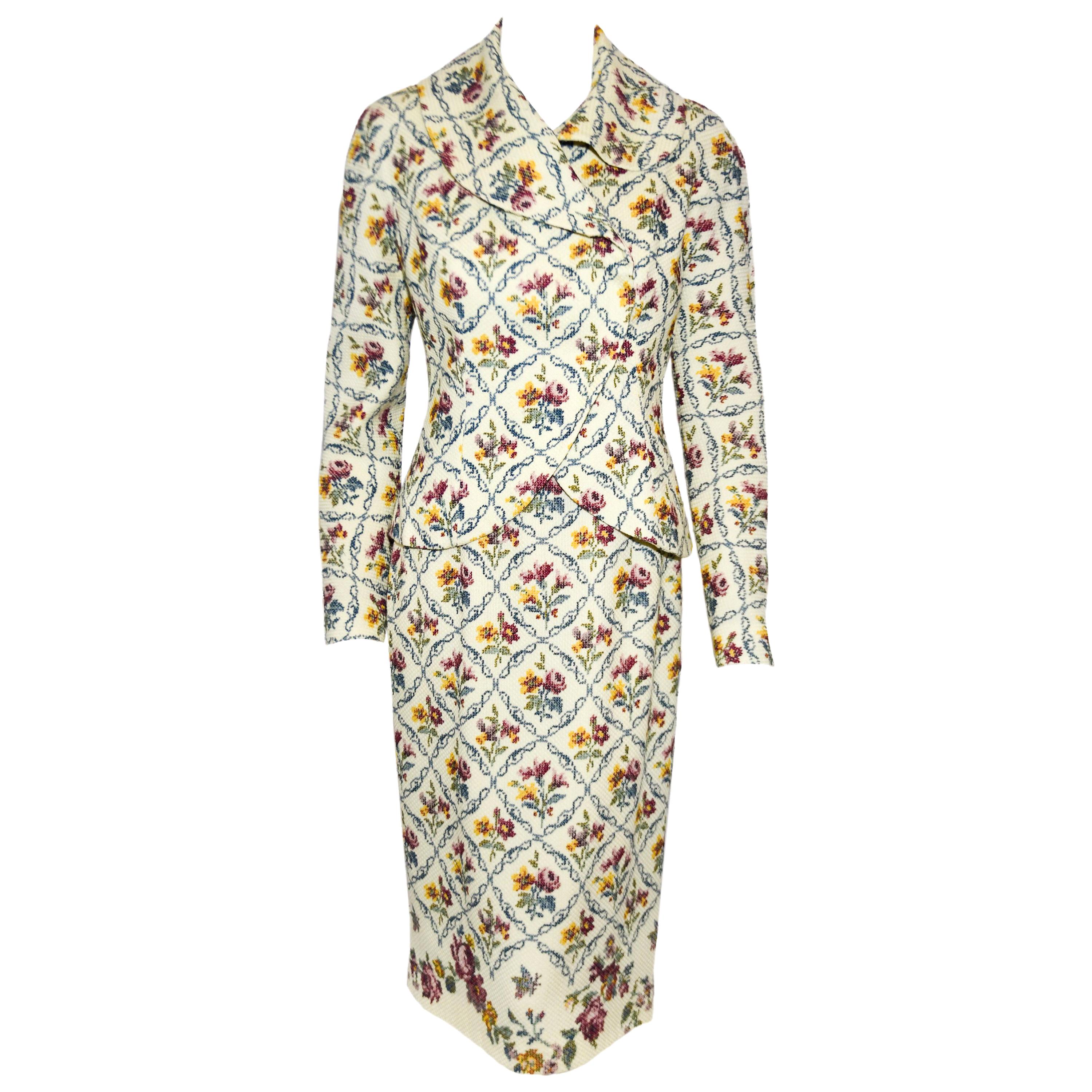 Christian Dior Needle Point Floral Print Dress & Jacket Suit  For Sale