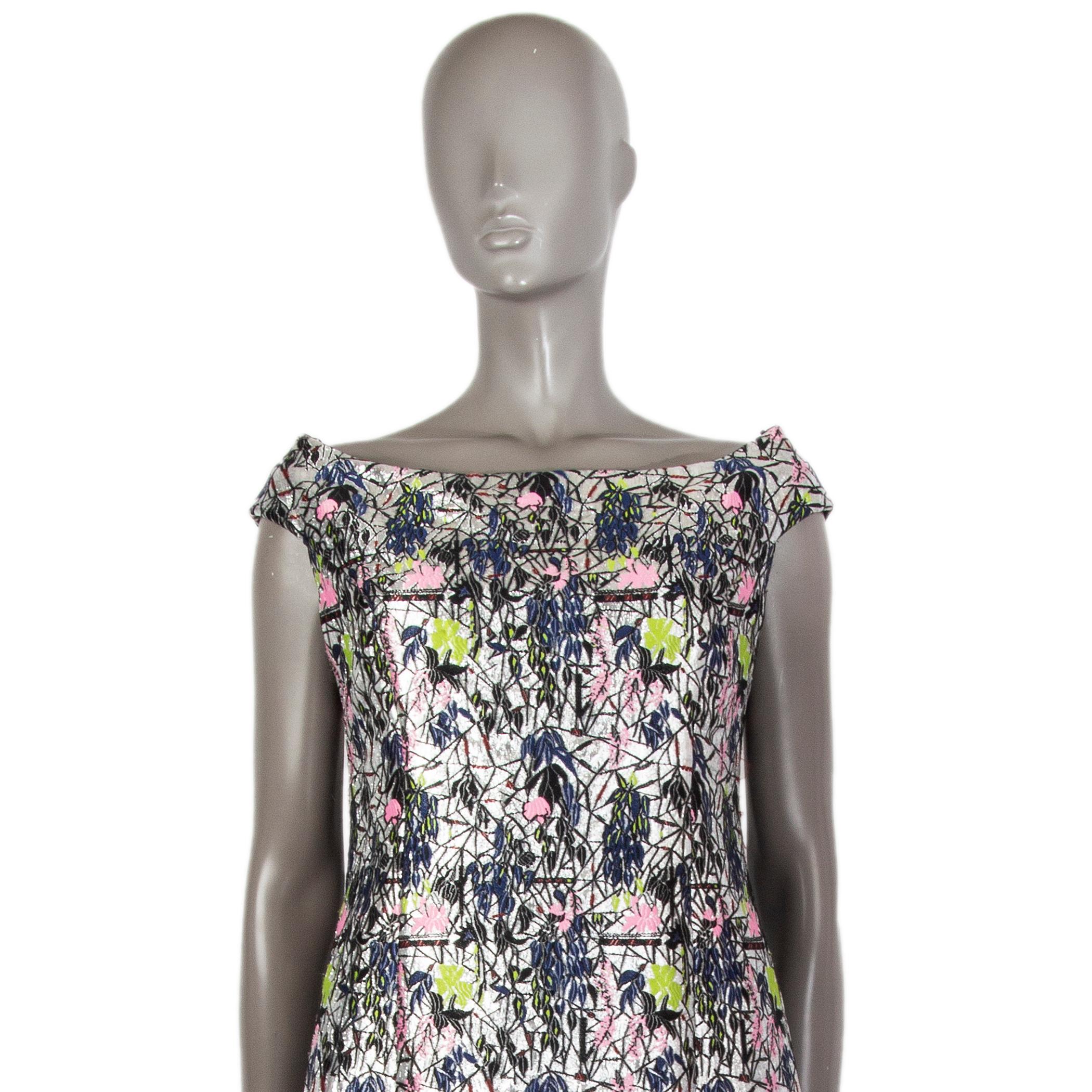Gray CHRISTIAN DIOR neon FLORAL BROCADE Cocktail Dress 42 For Sale