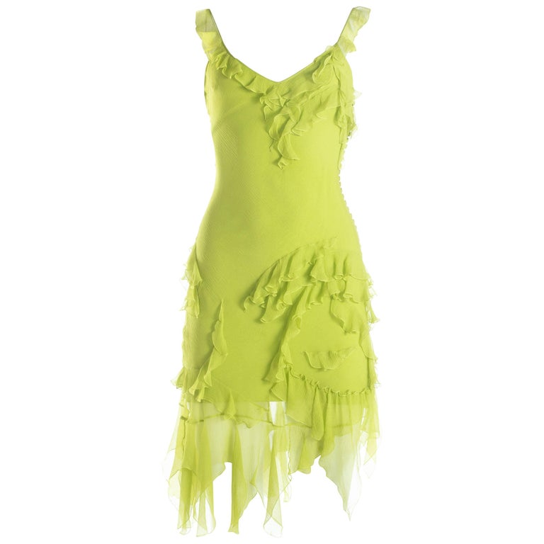 neon green ruffle dress Buy Handwoven Pure Cotton Dress by MATI-Sustainable & Ethical Luxury Brand XS main image 1