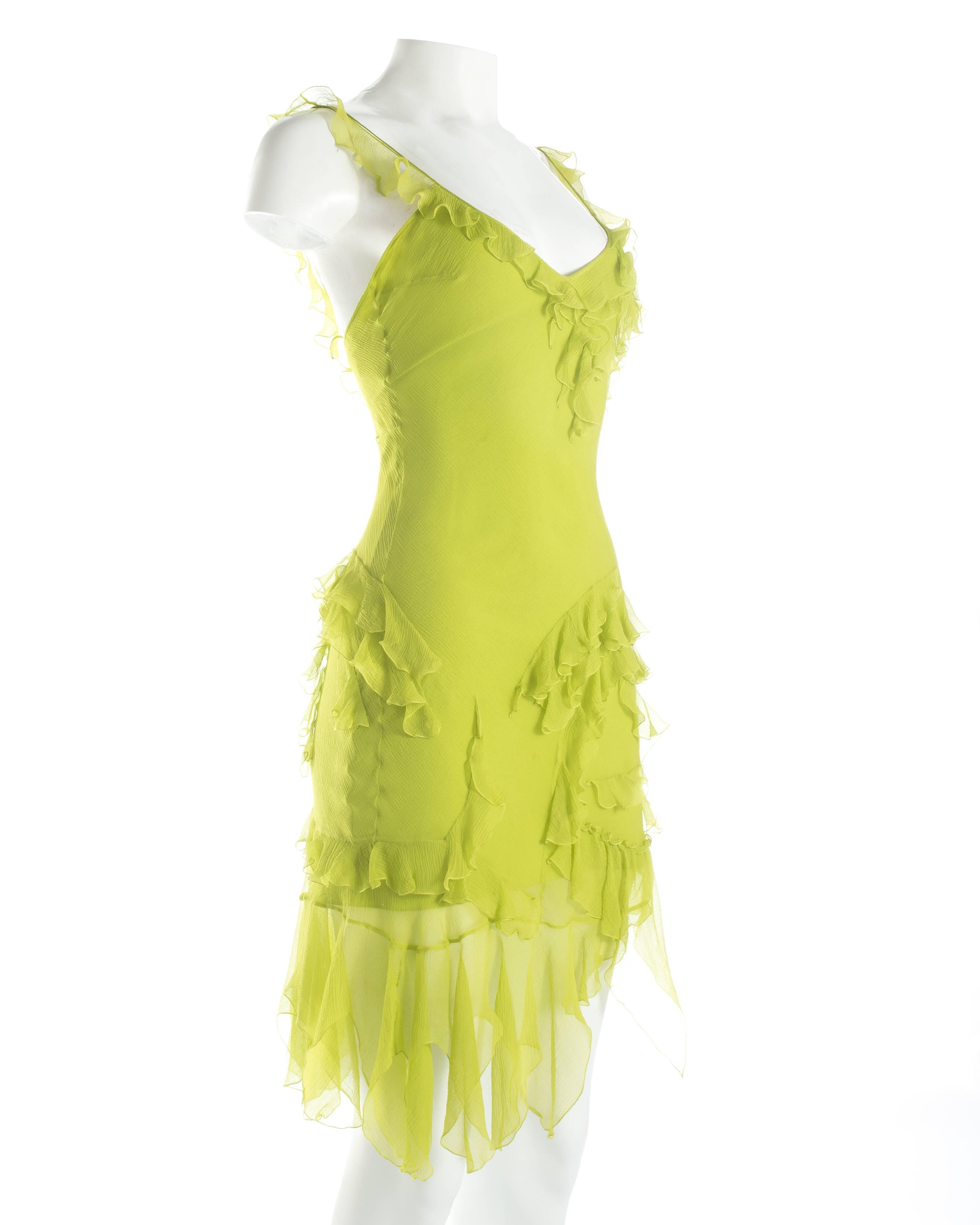 Yellow Christian Dior neon green silk chiffon ruffled mini dress, S / S 2005